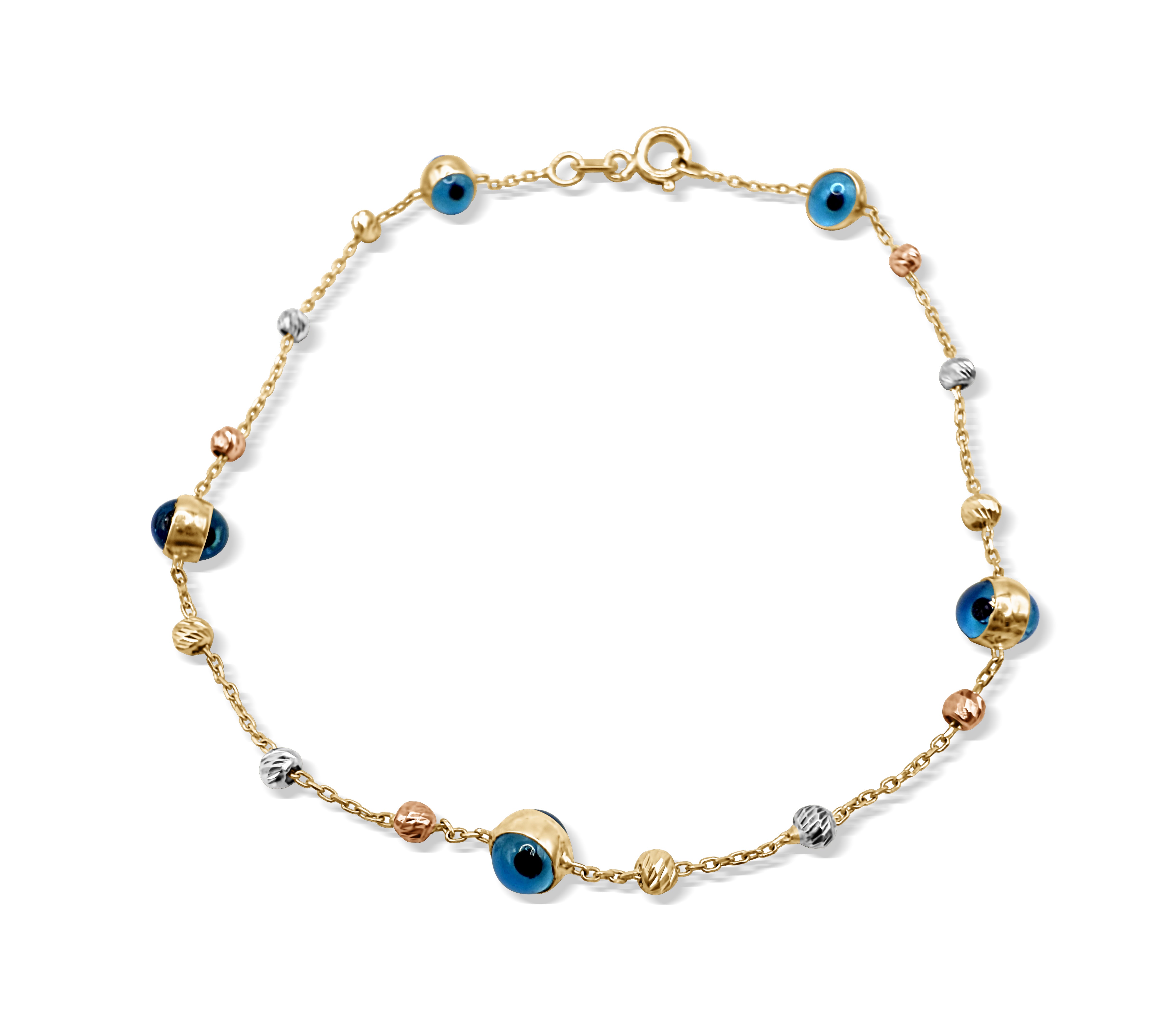 Top view of 14k gold evil eye charm bracelet with yellow, white, and rose gold beads on white background