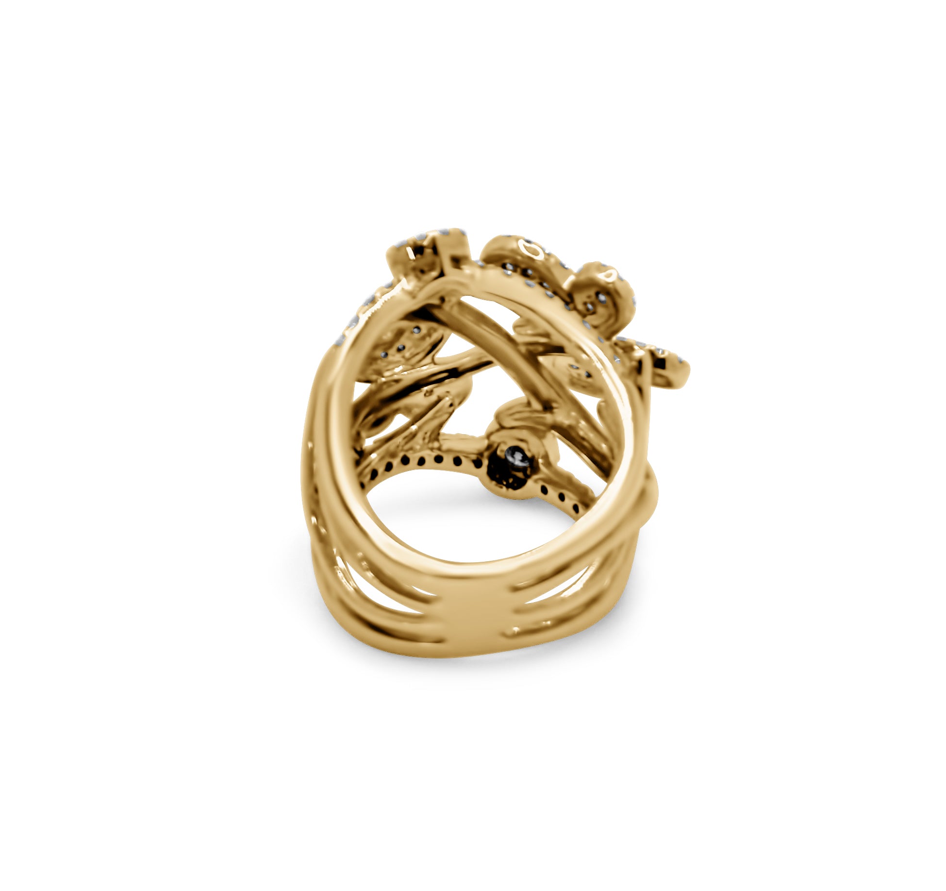 Back view of the 18k gold Butterfly Kisses diamond ring with fine craftsmanship visible