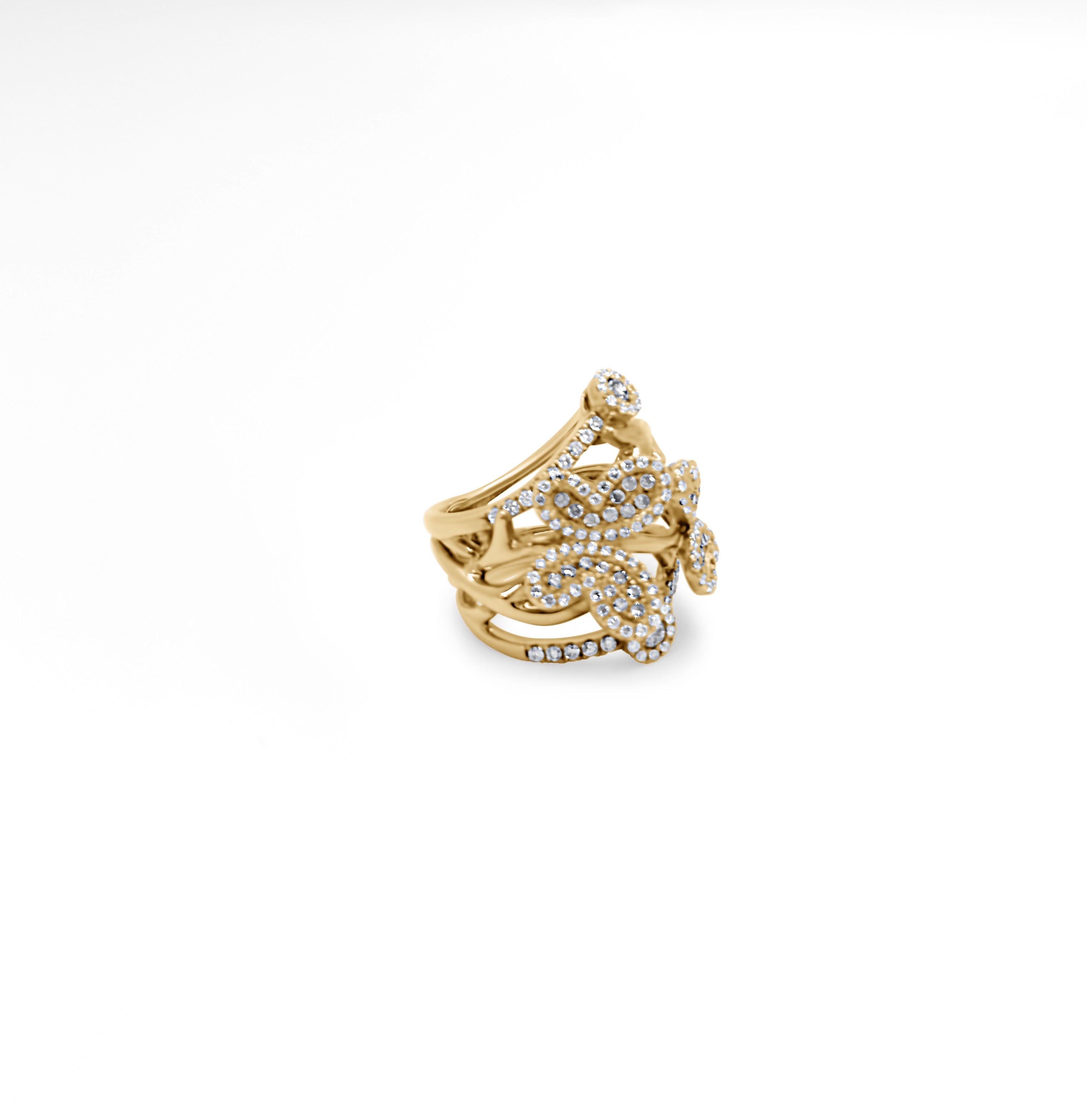 Closeup side detail of the 18k gold Butterfly Kisses diamond ring featuring 2 carats of diamonds