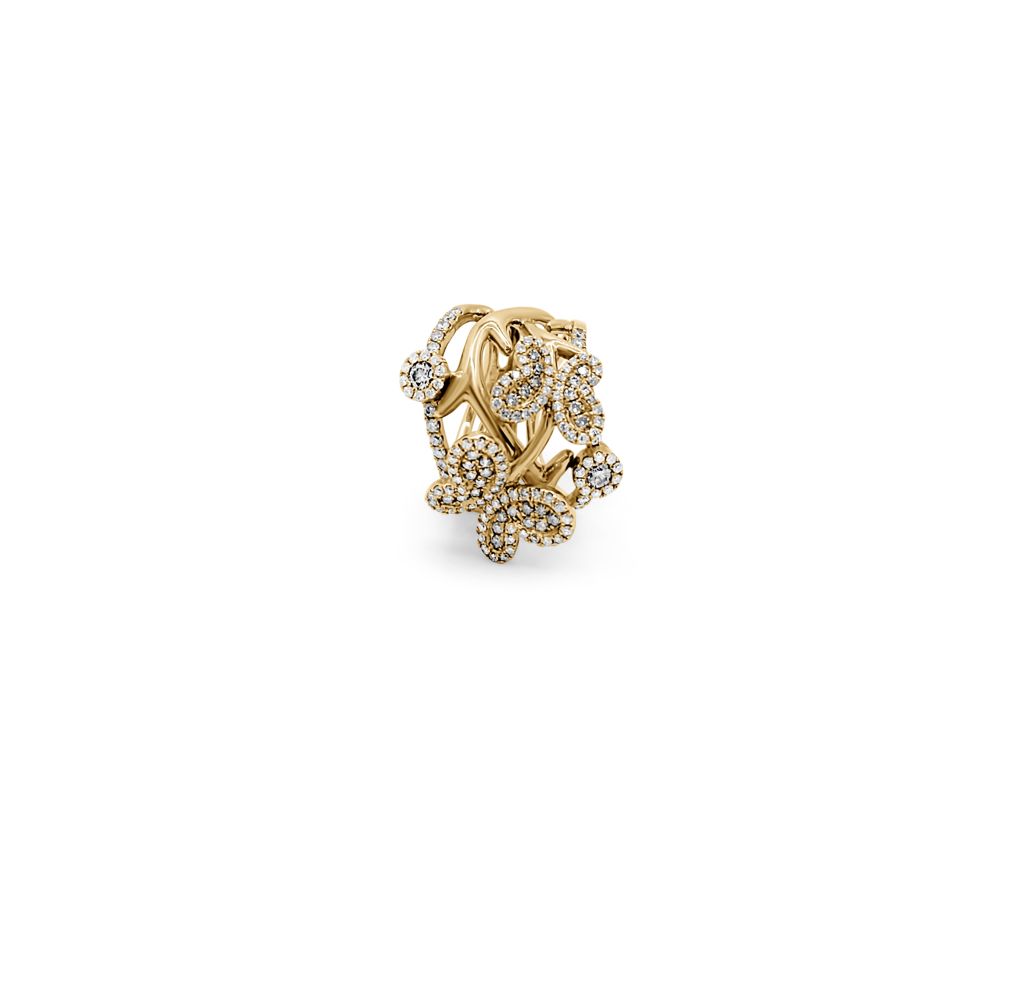 Side view of the 18k gold Butterfly Kisses diamond ring showcasing delicate butterfly design on white background