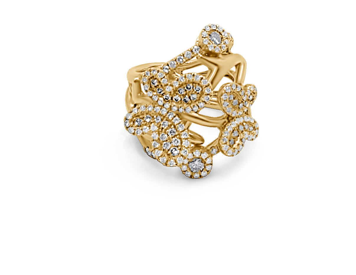18k solid gold Butterfly Kisses diamond ring standing upright on a white background