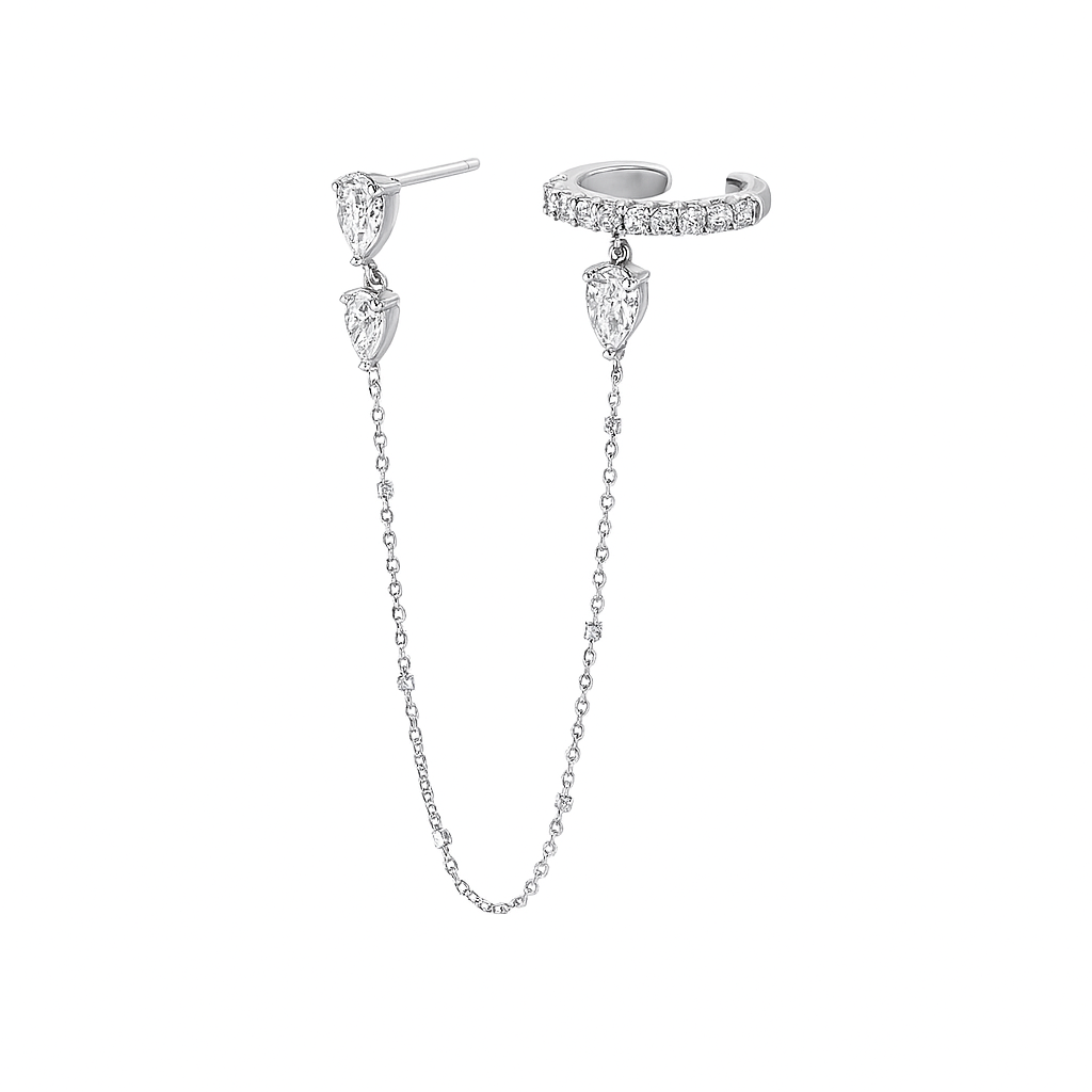 Side Piece Triple Pear Cuff earring in white gold with pear-shaped diamonds and chain front angle