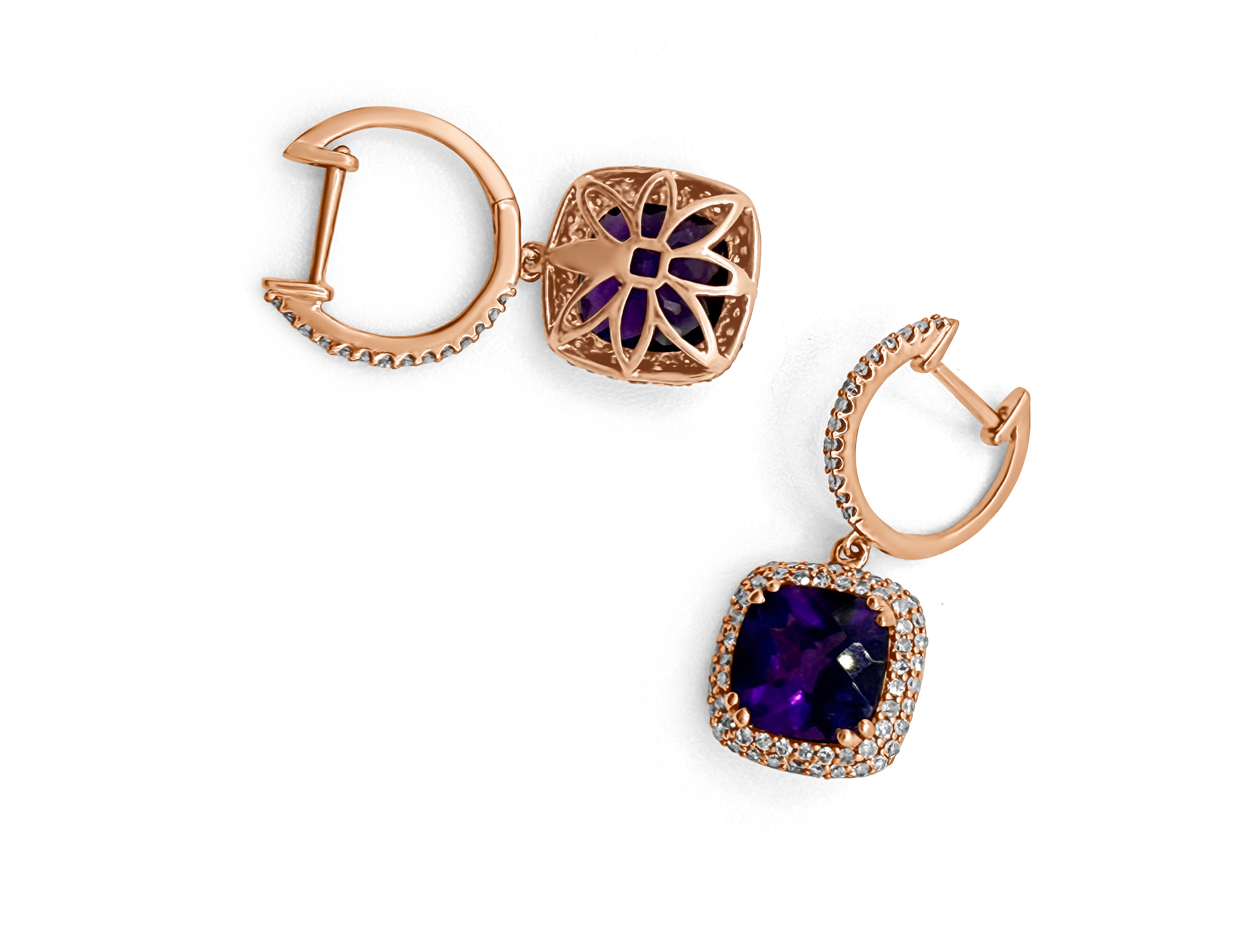 Front and back view of Almighty Amethyst Earrings in rose gold featuring cushion-cut amethysts and diamond-accented hoops