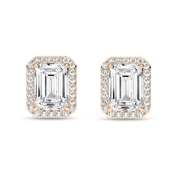 Front view of yellow gold Angel Stud earrings with emerald-cut center and halo of diamonds