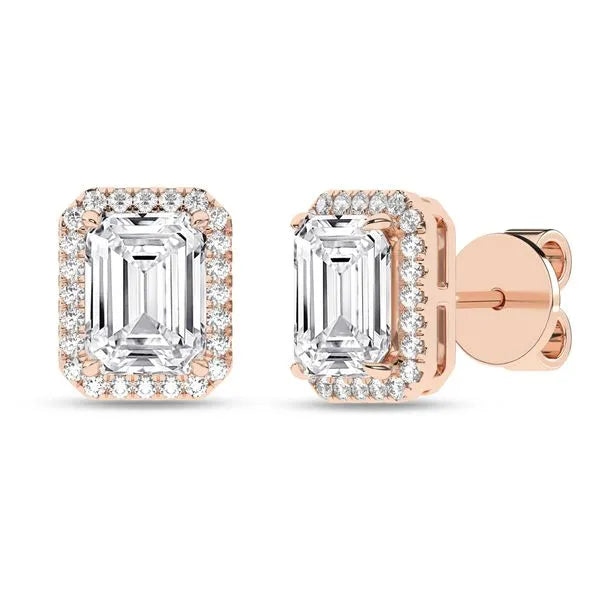 Rose gold Angel Studs featuring emerald-cut diamonds and halo design, shown from front and side