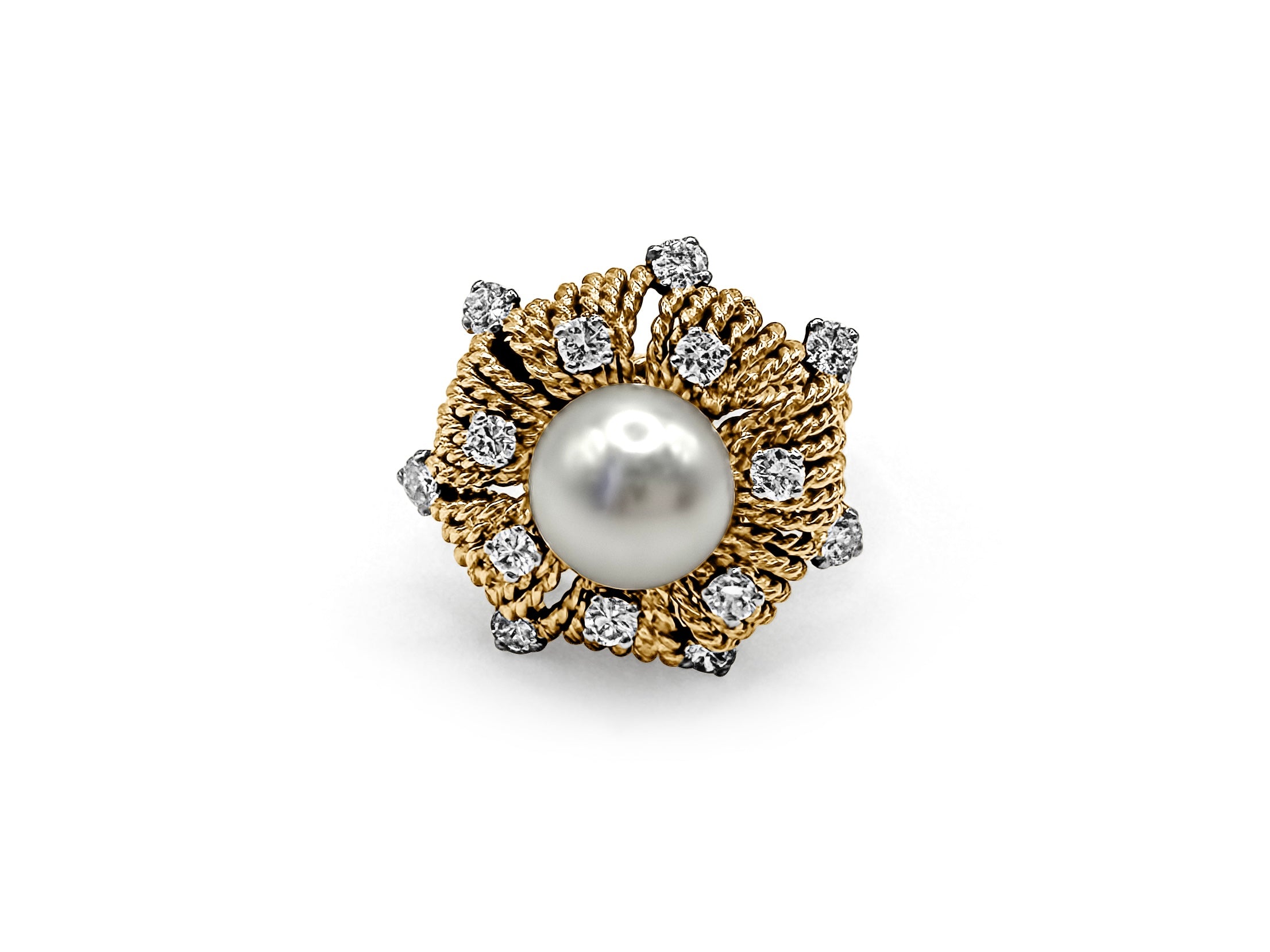 Front view of Grandmother’s antique pearl ring with diamonds and 14k gold band