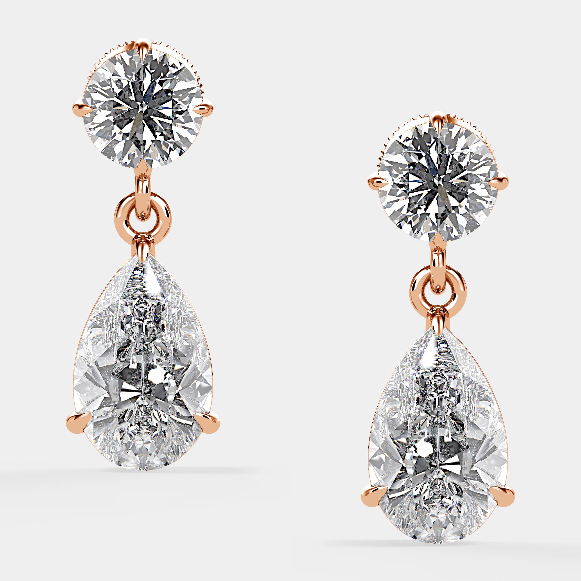 Rose gold Bougie Baby Diamond Drop Earrings, front view with 3 carats of diamonds