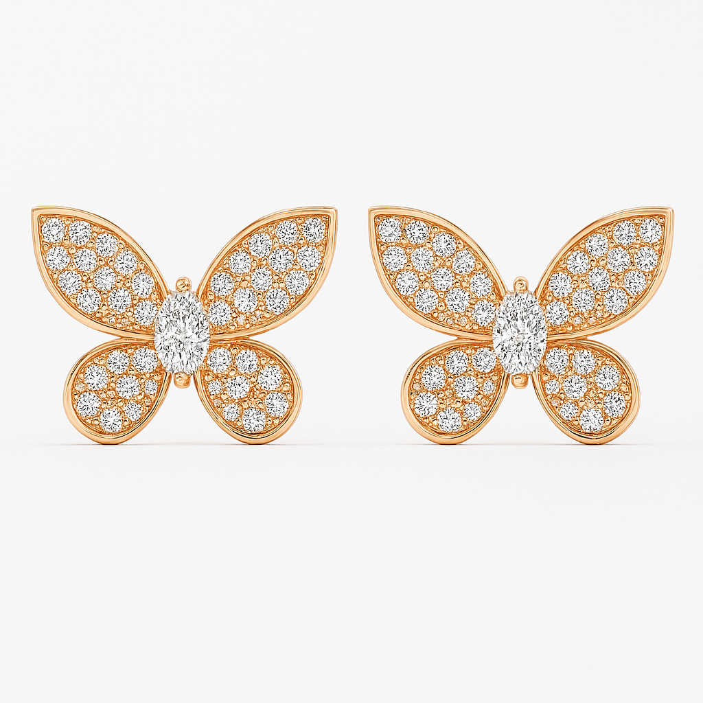 Front view of Butterfly Kisses Pavé Stud Earrings in rose gold with pavé diamond wings and marquise center