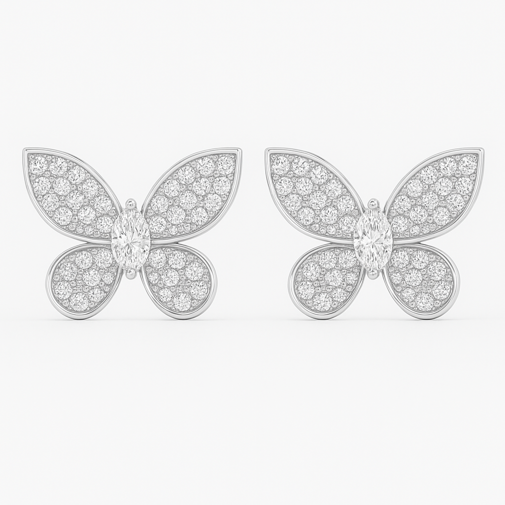 Front view of Butterfly Kisses Pavé Stud Earrings in white gold with pavé diamond wings and marquise center