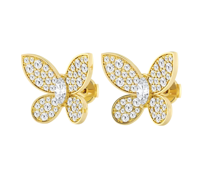 Side view of yellow gold Butterfly Kisses Pavé Stud Earrings highlighting wing detail and stud profile