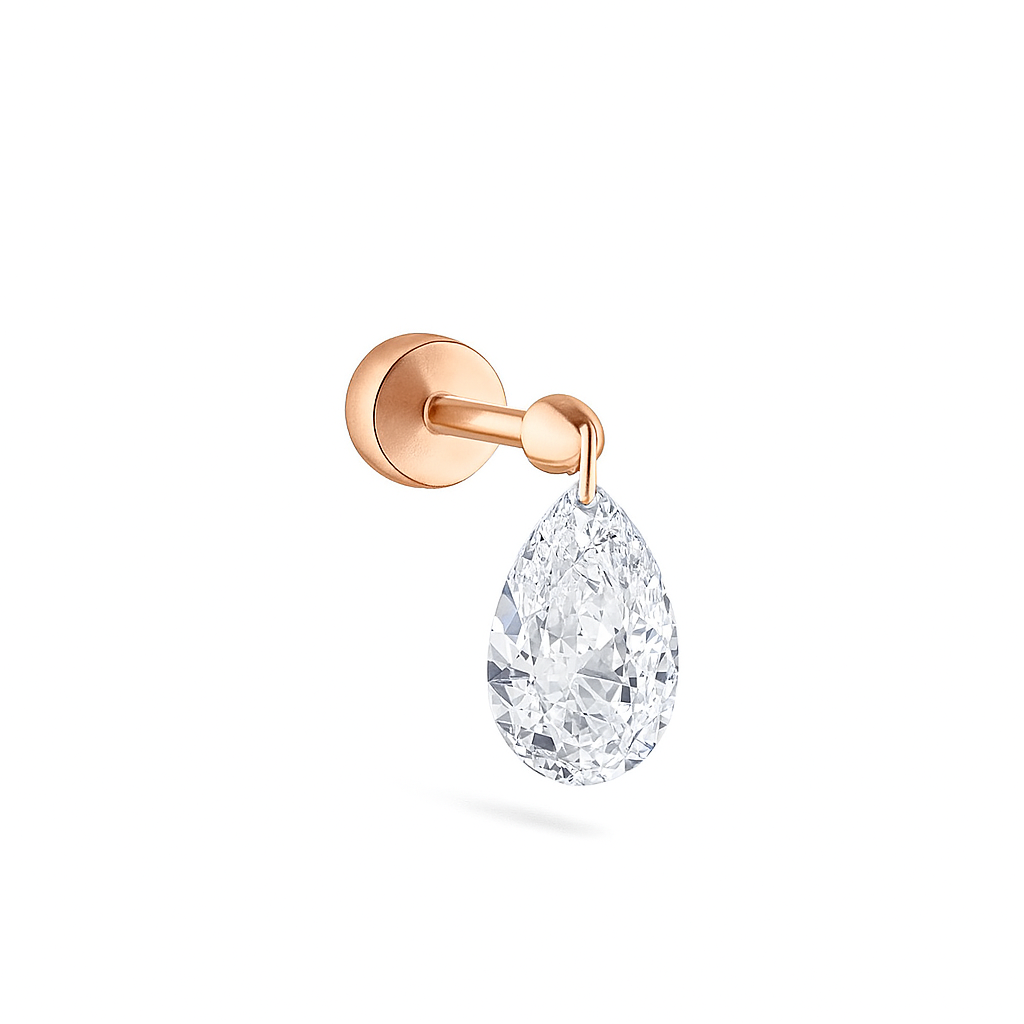 Cleo's Lucky Ear Charm in rose gold, side view, showing elegant pear-shaped design for cartilage piercings