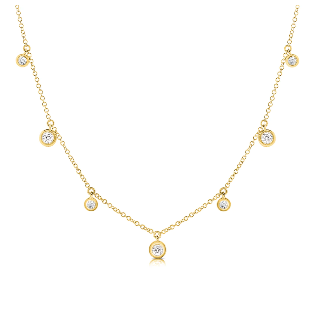 Dirty Dancing Bezeled Diamond Necklace product shot on white background, 14k gold diamonds by the yard design with adjustable length.
