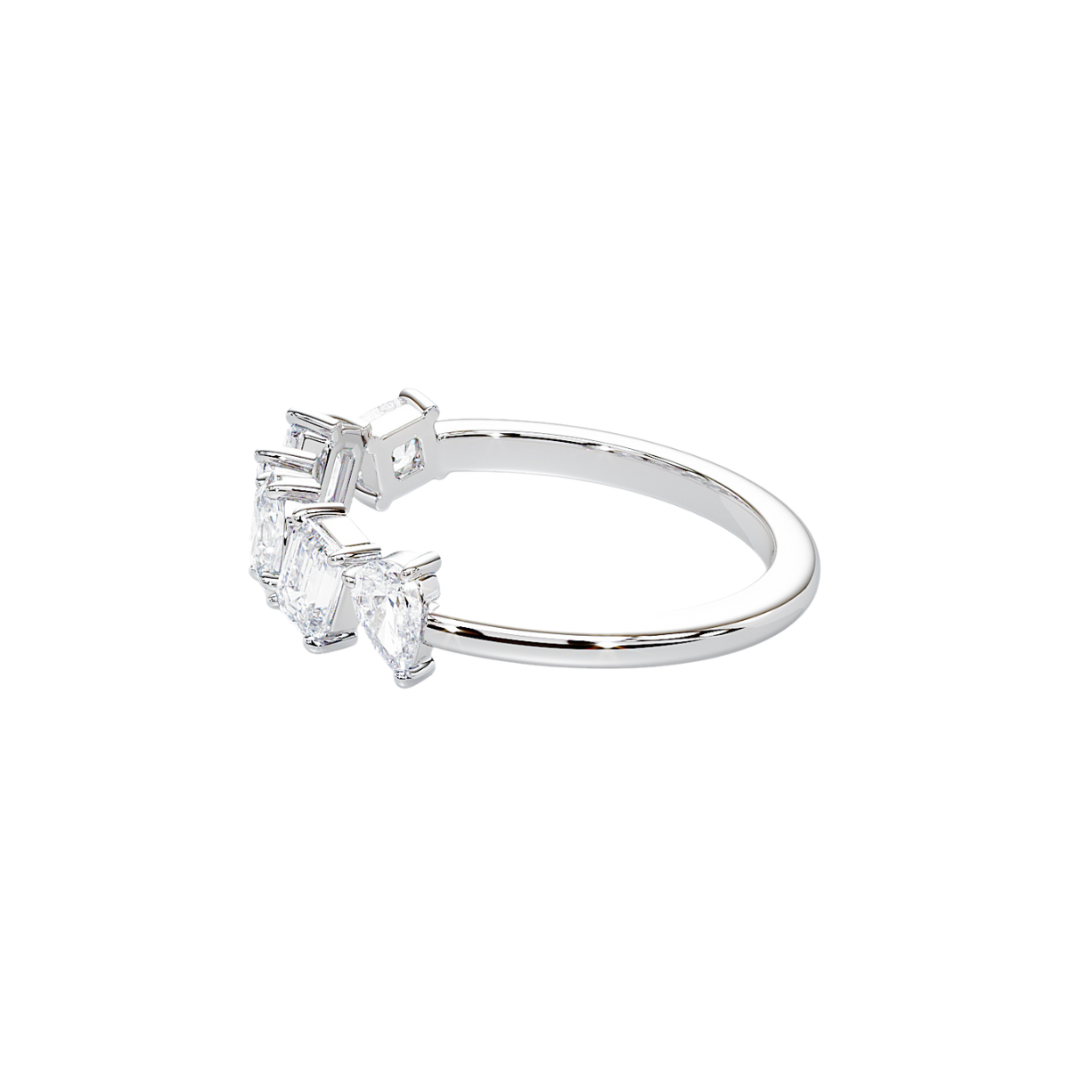 Side profile of the white gold Diversity Band ring with alternating diamond shapes.