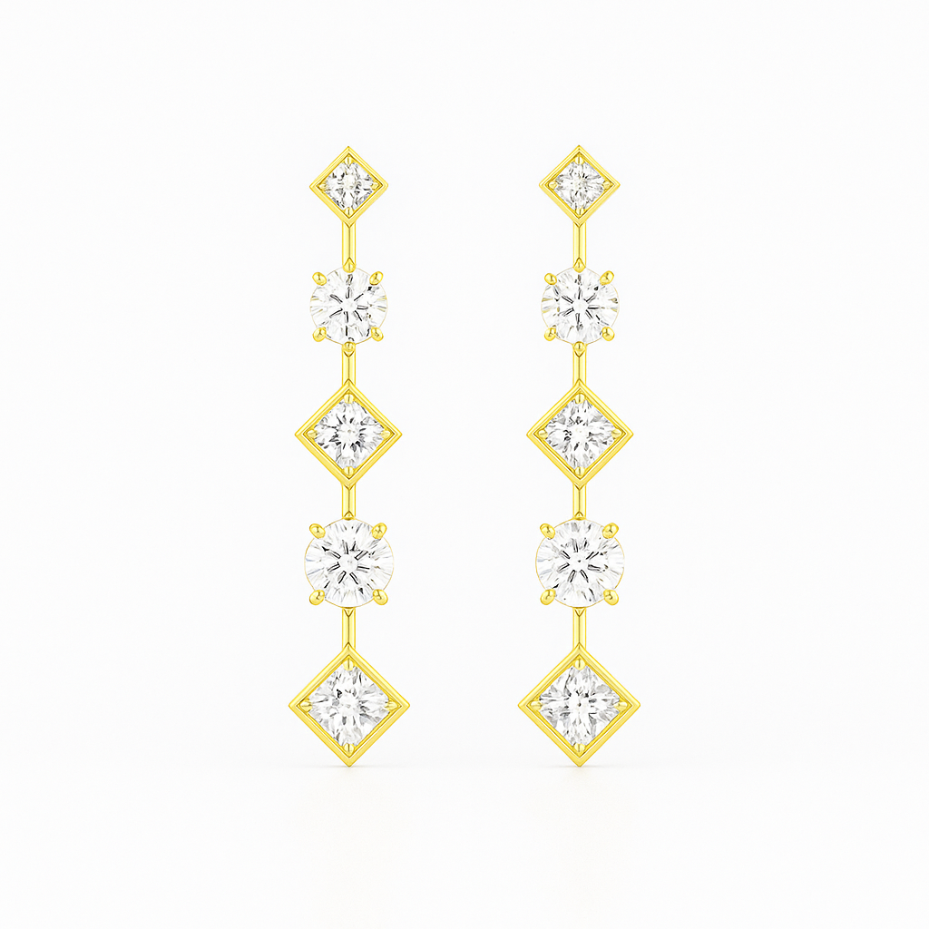 Double Feature diamond drop earrings in yellow gold with princess and round diamonds, front view