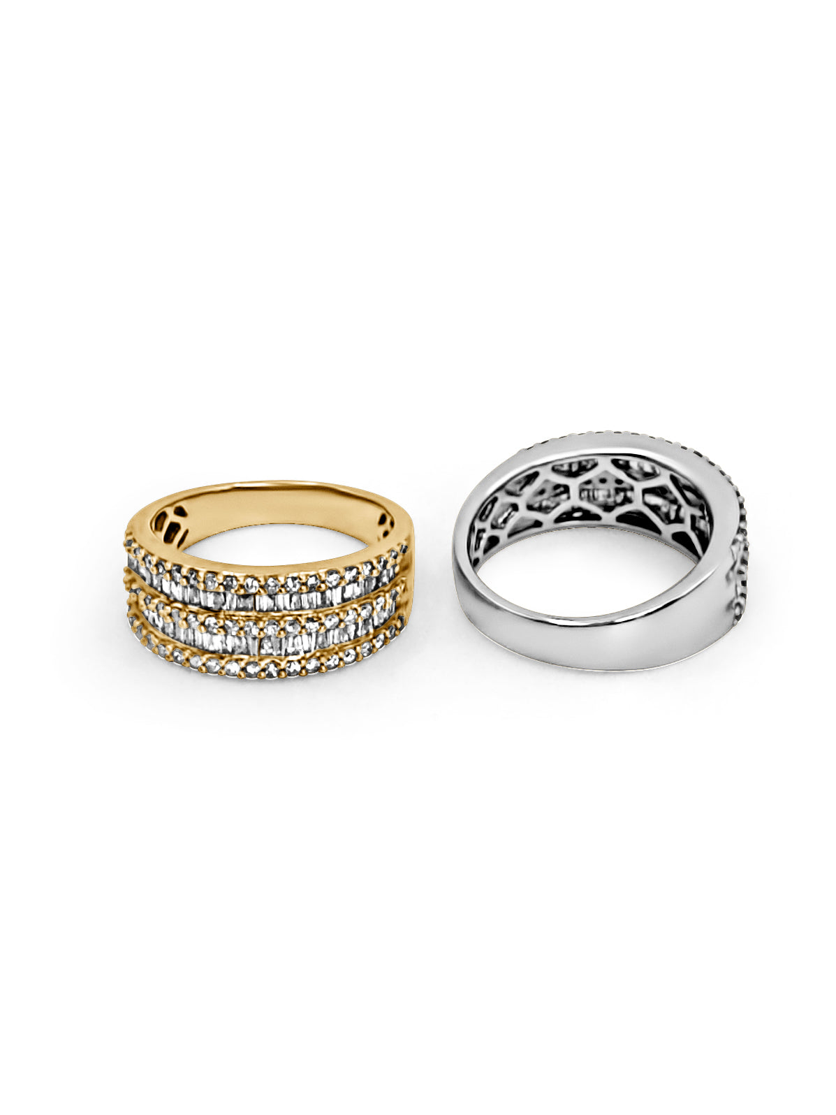 Product shot of the Double Trouble Ring in yellow gold (front) and white gold (back), highlighting the tiered pavé and baguette diamond design.