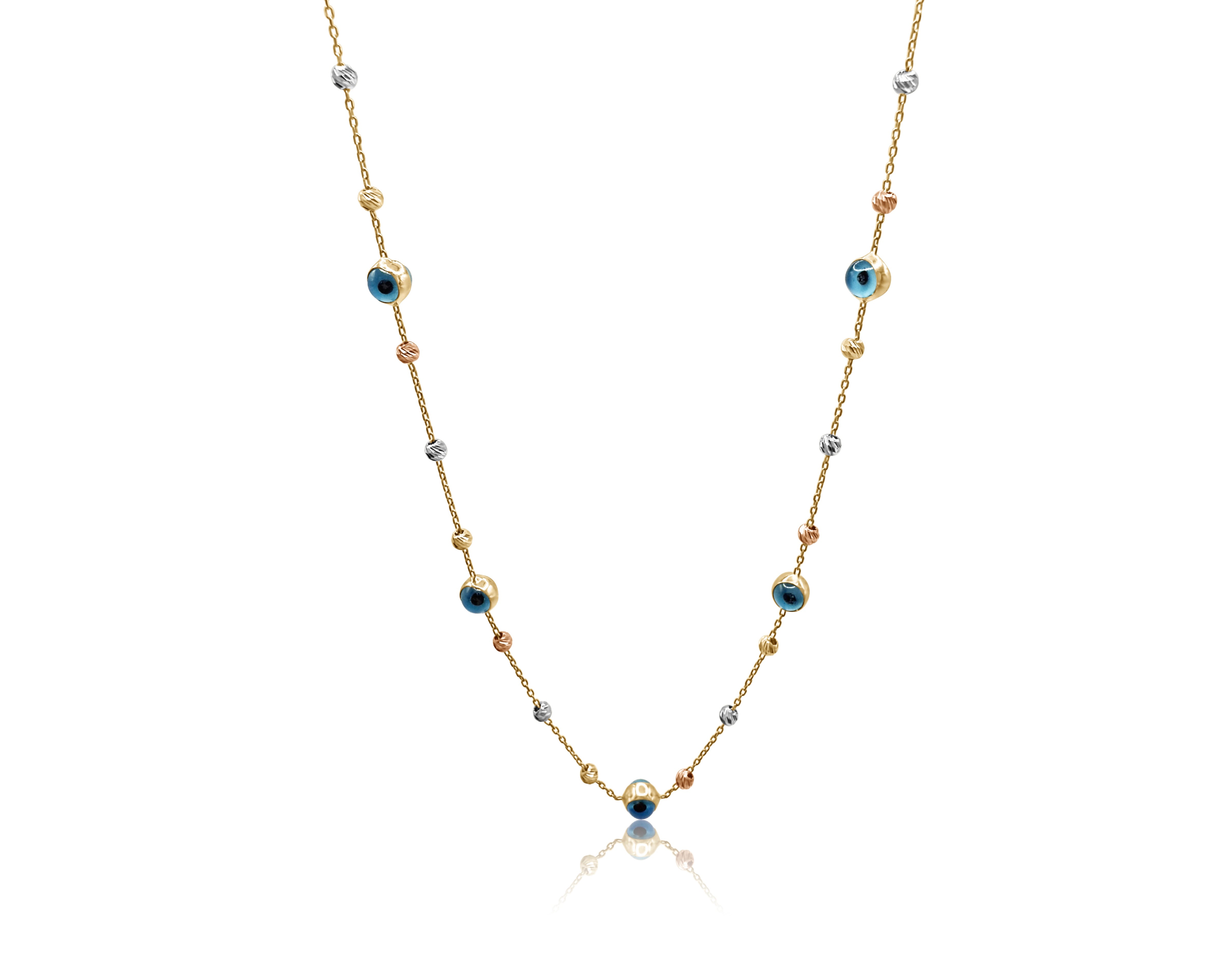 14k gold hanging evil eye bracelet with multicolor beads in yellow, rose, and white gold on white background