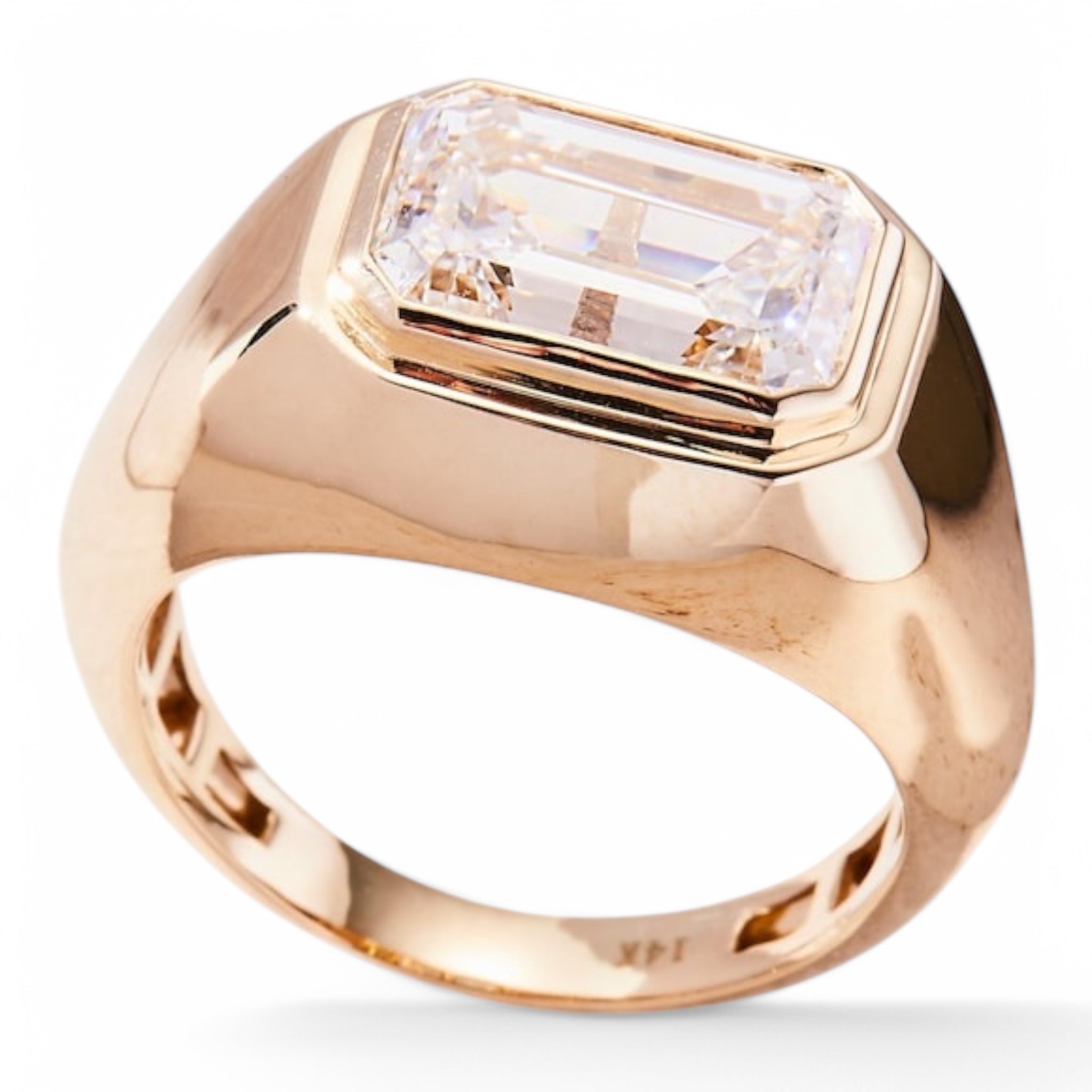 Front view of Femme Forte emerald-cut diamond signet ring in 14k rose gold