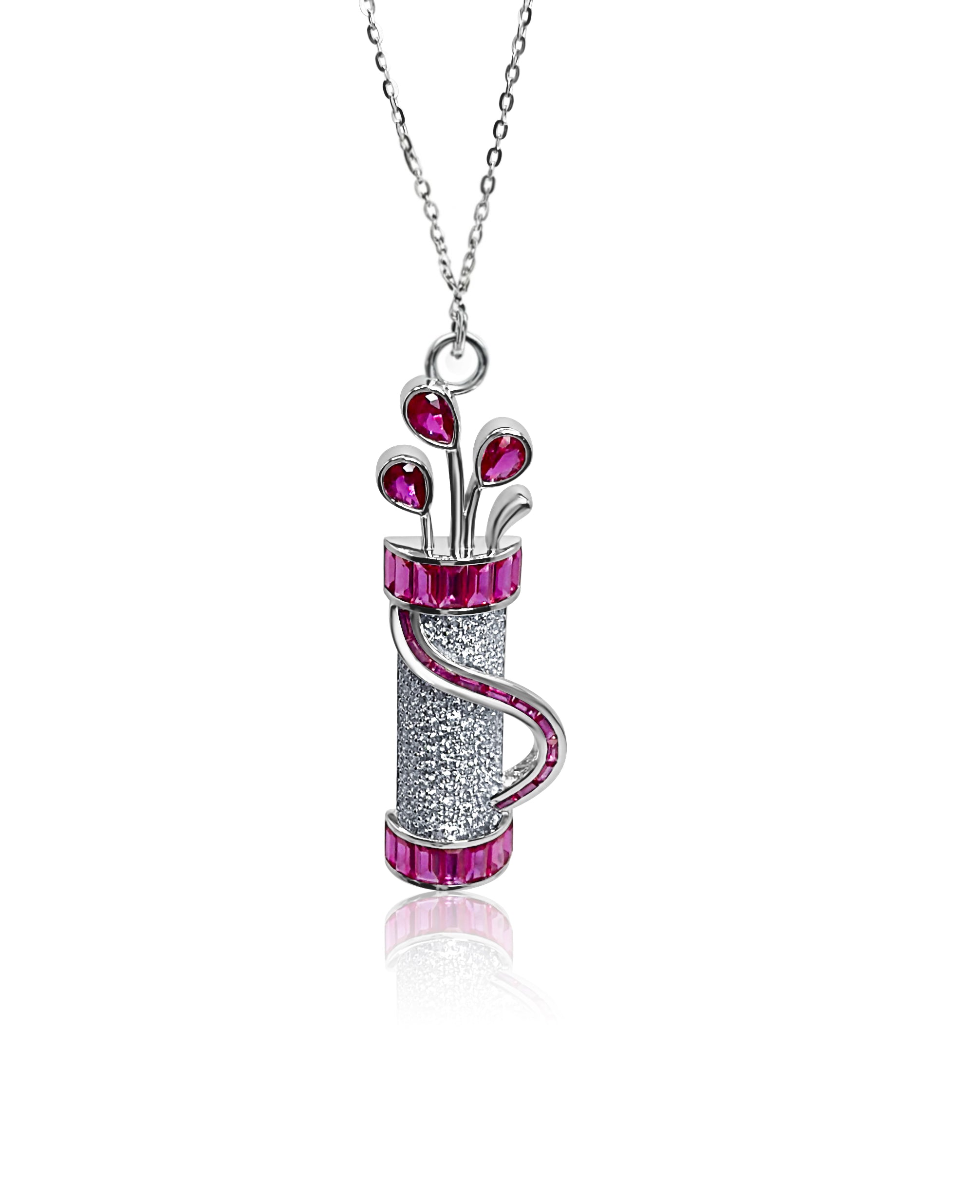 Close-up front view of the Fore Play Pendant showcasing 14k gold golf bag design with diamonds and rubies