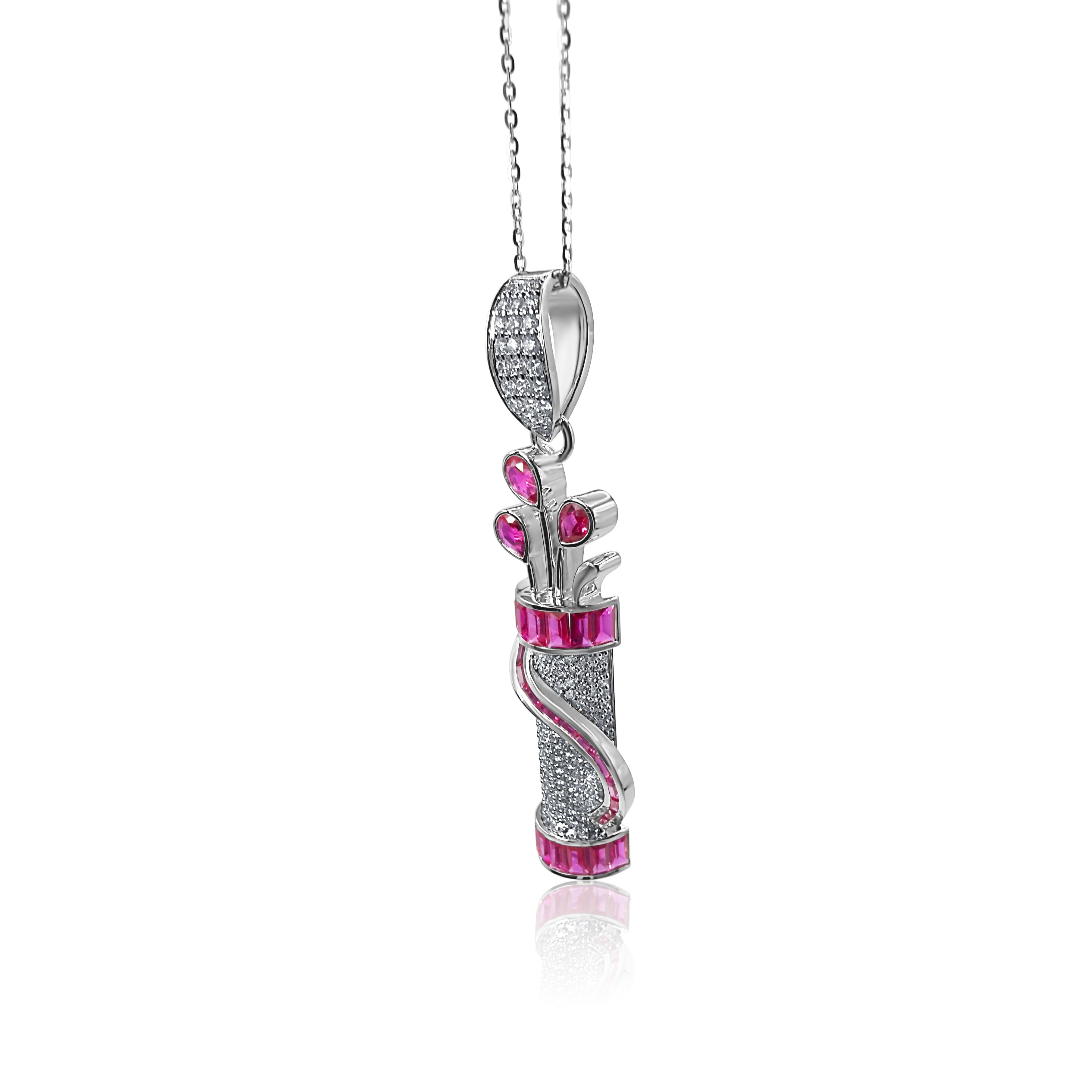Side view of the Fore Play golf bag pendant with detailed ruby baguettes and pavé diamonds