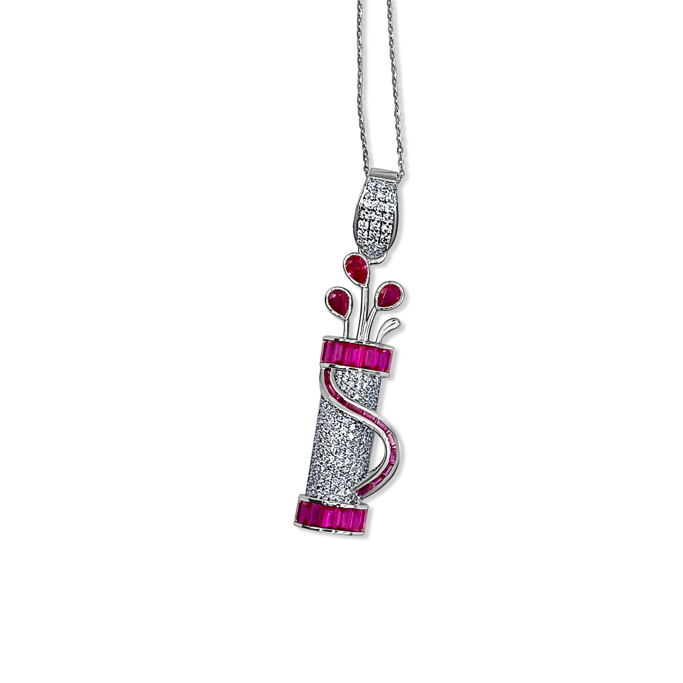 Flat lay product image of the Fore Play Pendant featuring rubies and diamonds in a playful golf theme