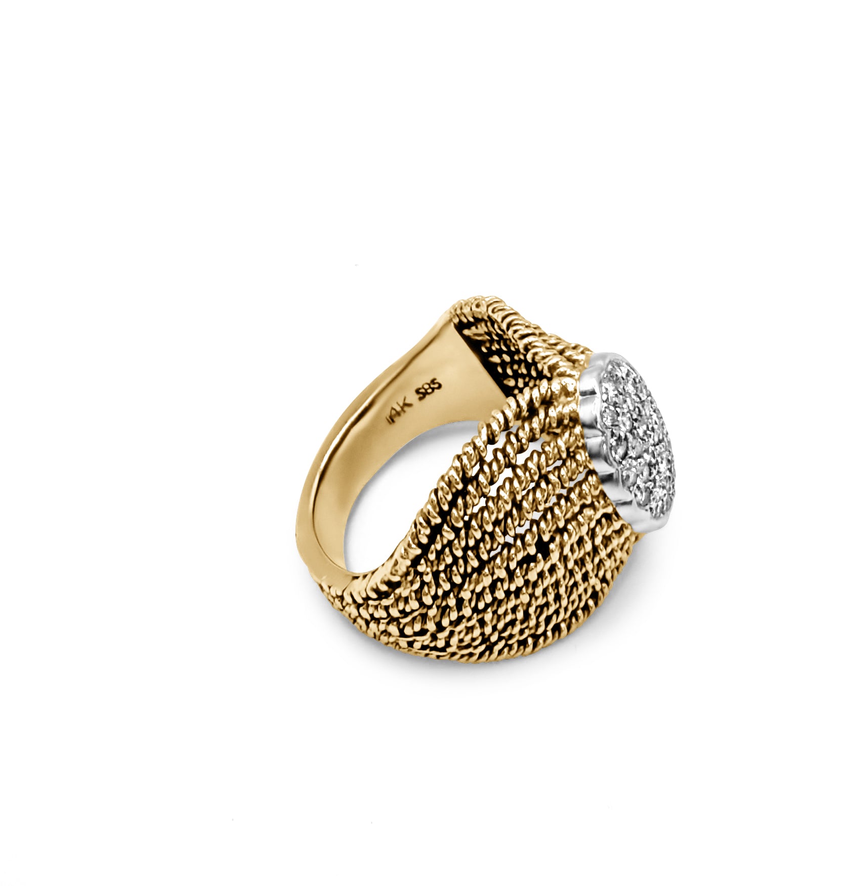 Side view of Guardian Angel Ring in 14k gold with intricate pavé diamond detailing