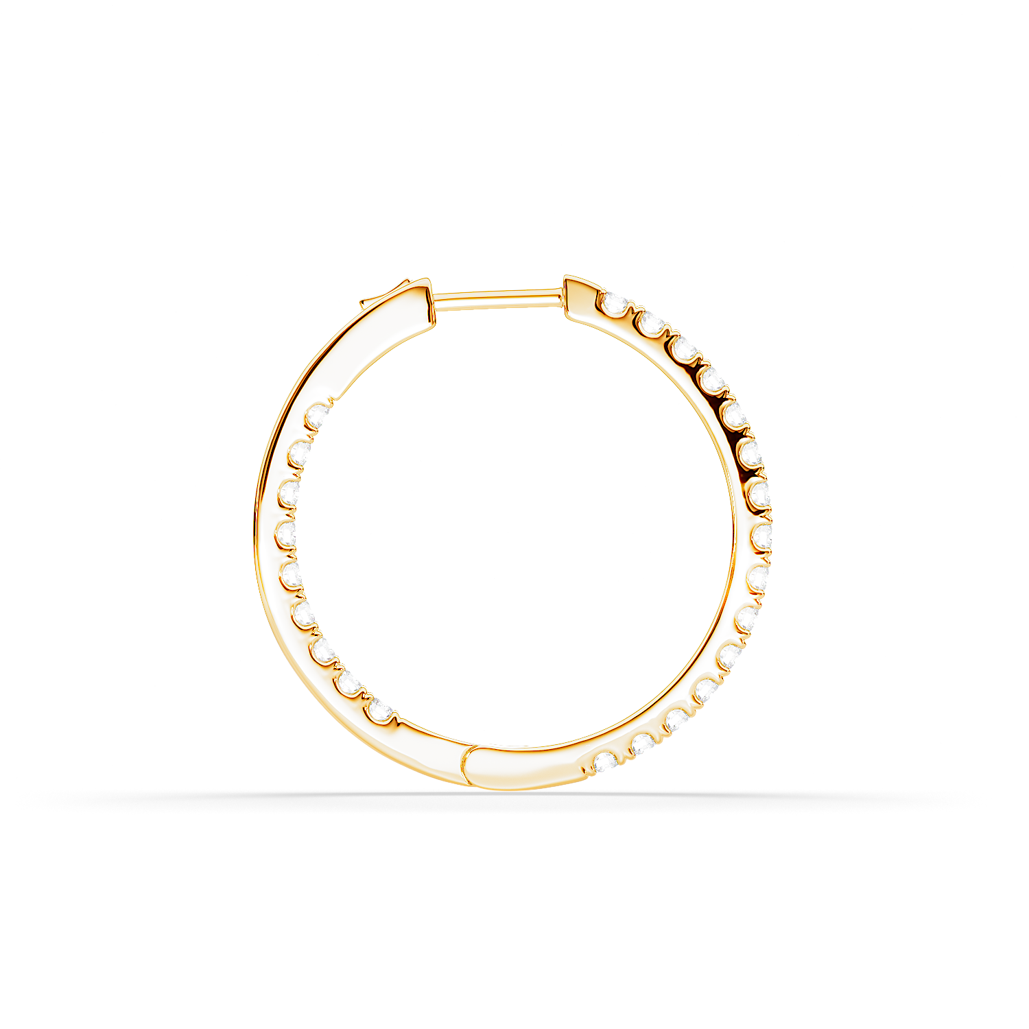 Side view of Hug Me Hoops inside-out diamond hoop earring in yellow gold