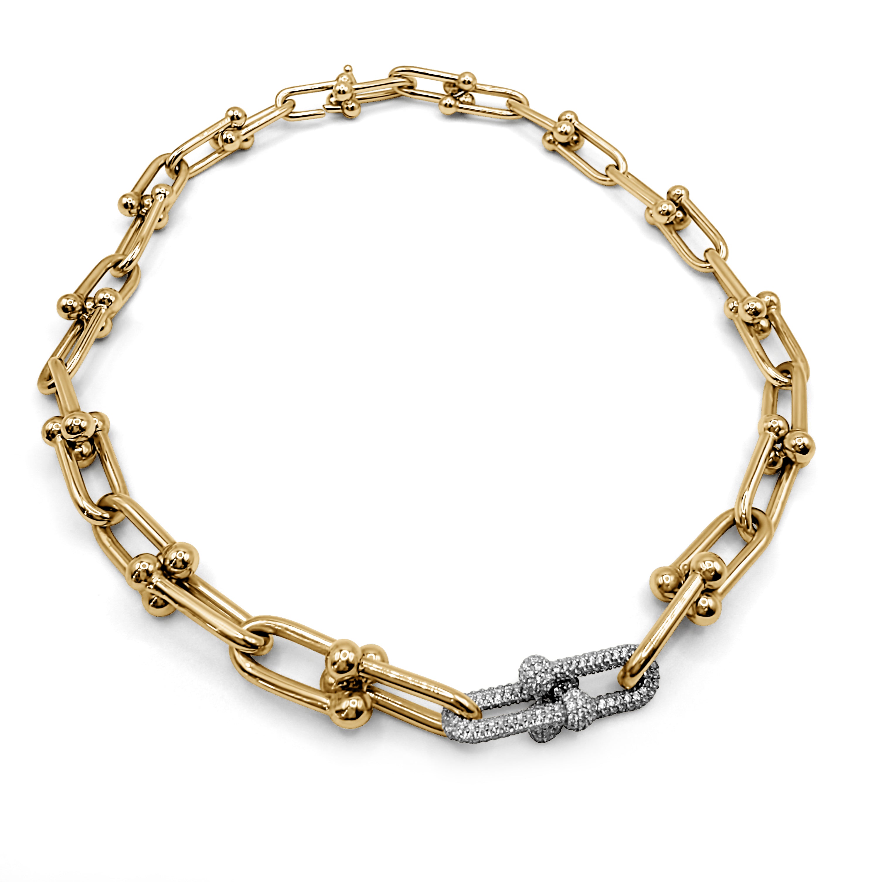 Link Me Chain 18k gold pavé diamond necklace, complete product view laid flat, showing sculptural bold links and diamond accents.