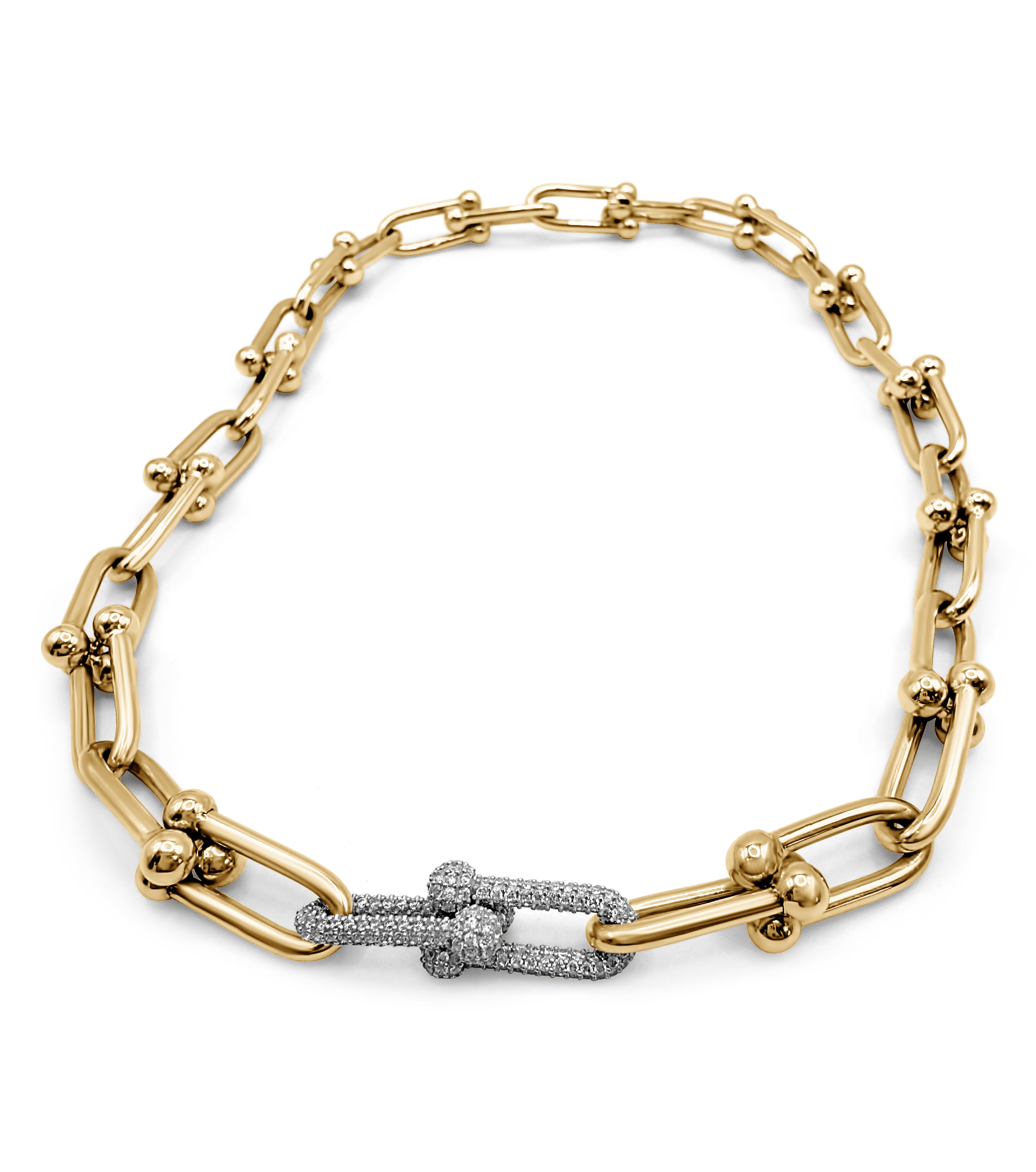 Link Me Chain necklace in 18k gold with pavé diamonds, front product view showing bold statement links and sculptural design.