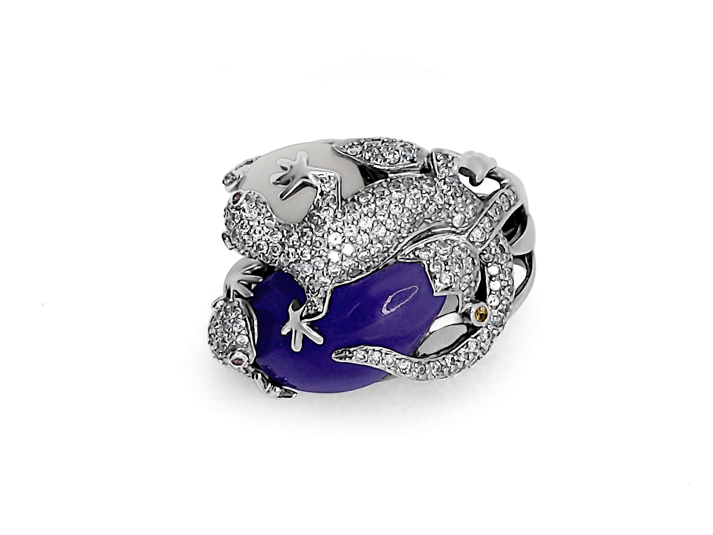 Close-up front view of Lizard Hugs Ring with white and purple jade and sparkling diamond accents