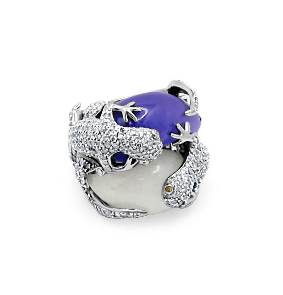 Front view of Lizard Hugs Ring featuring natural purple and white jade with pavé diamonds in 18k white gold