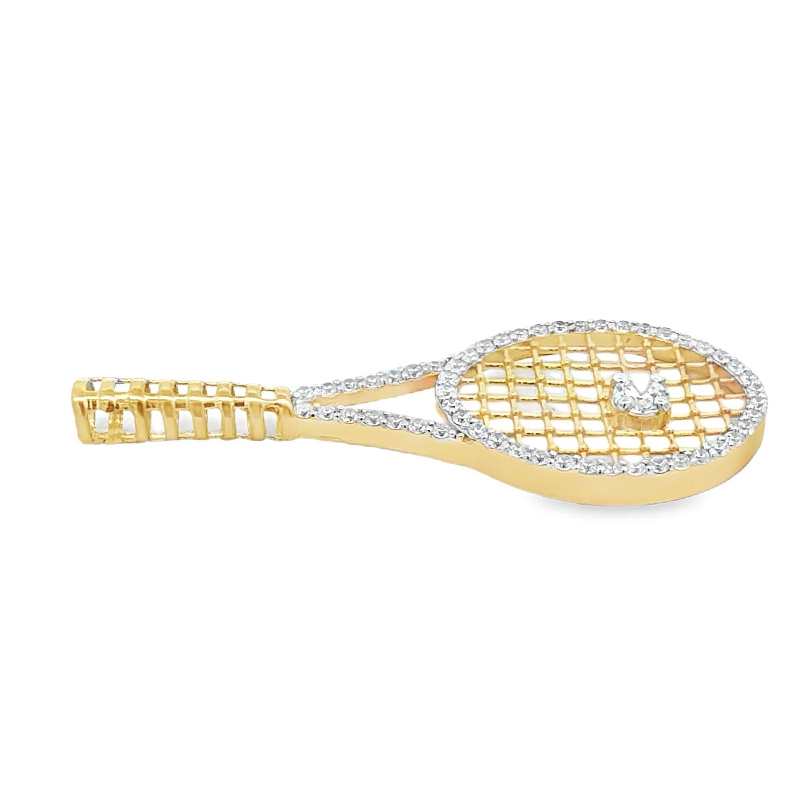 Flat lay of Love All Pendant in yellow gold with pavé diamonds and personalized letter or diamond tennis ball charm