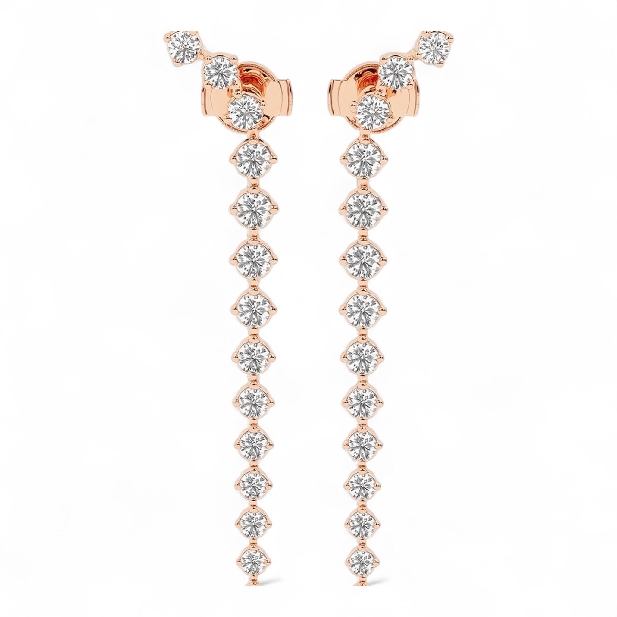 Close-up detail of rose gold Lyrical Descent earrings showing diamond settings and earring backs