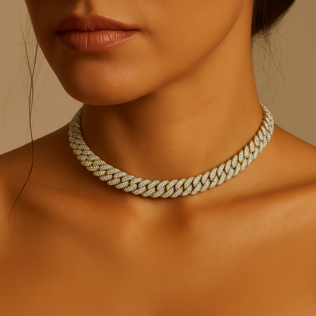 Model wearing Miami Mami Pavé Papi Cuban link pavé diamond necklace, bold unisex 14k gold statement chain.