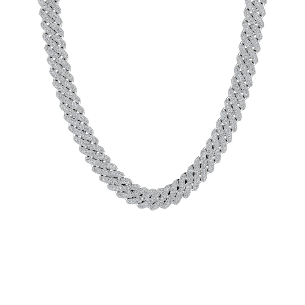 Miami Mami Pavé Papi Cuban link diamond necklace in white gold with 13mm pavé links, luxury diamond chain on white background.