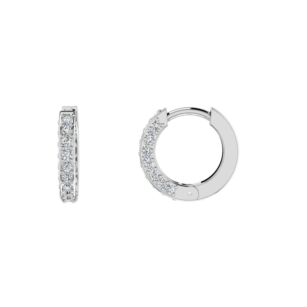 Mini Snugglers huggie earrings in white gold shown from front and side with sparkling pavé diamonds