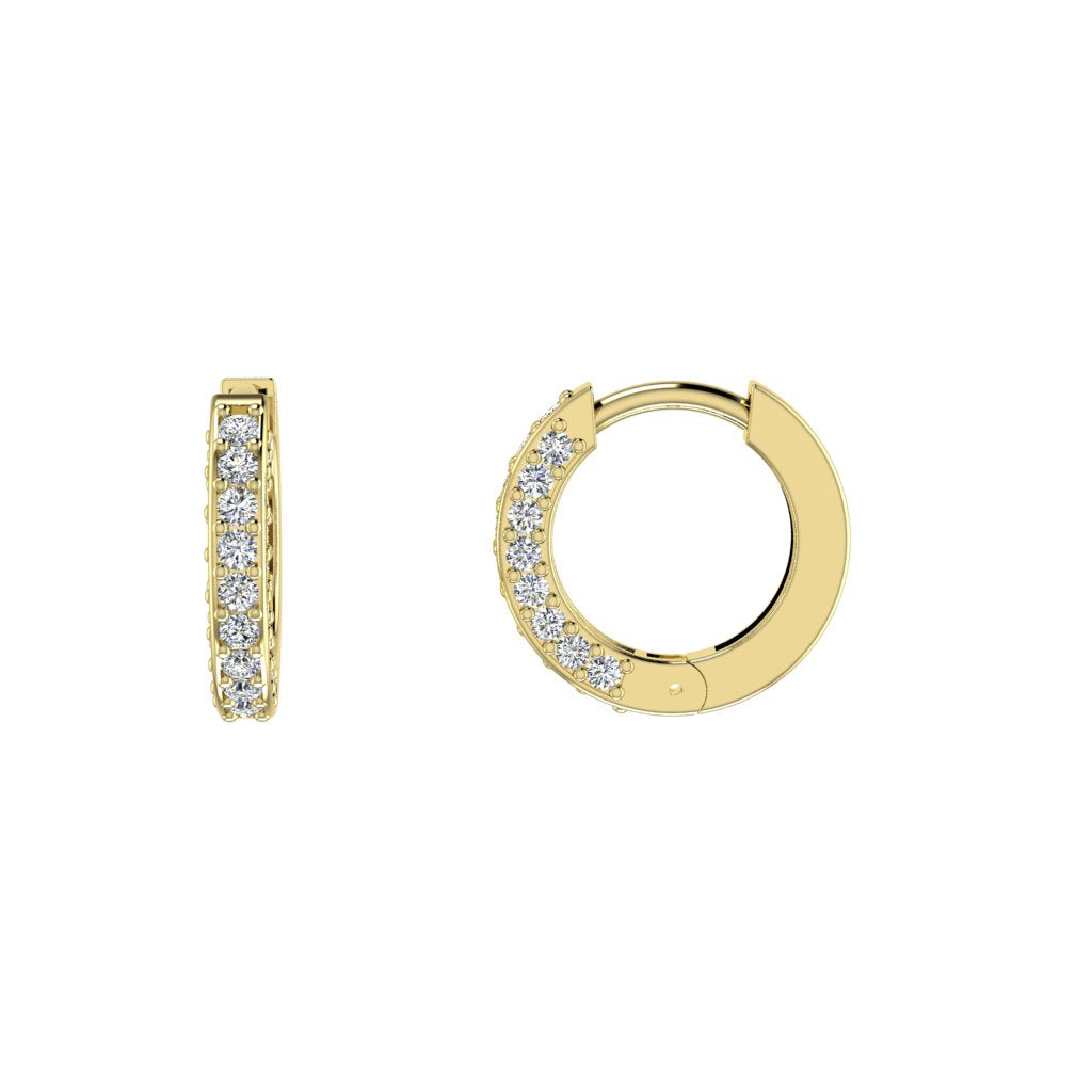 Mini Snugglers Pavé huggie earrings in yellow gold shown from front and side with three-side pavé diamonds.