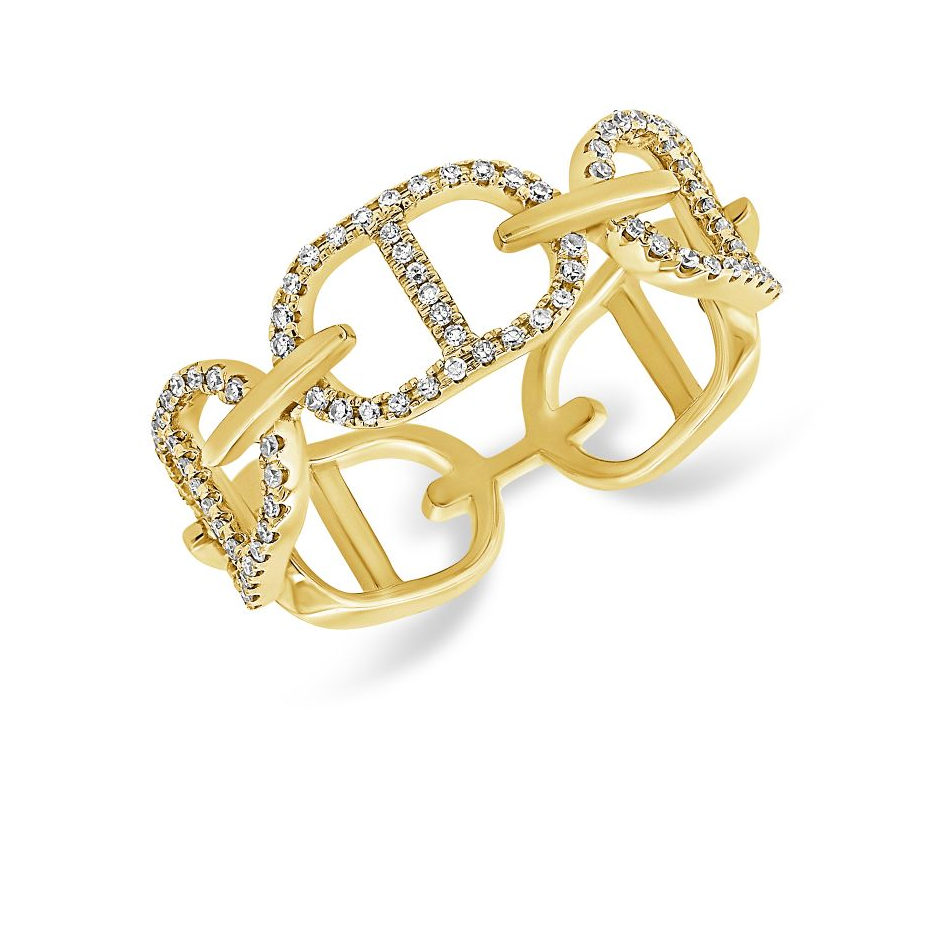 Diagonal view of Money Link Pavé Ring in gold with pavé diamonds, bold mariner link design