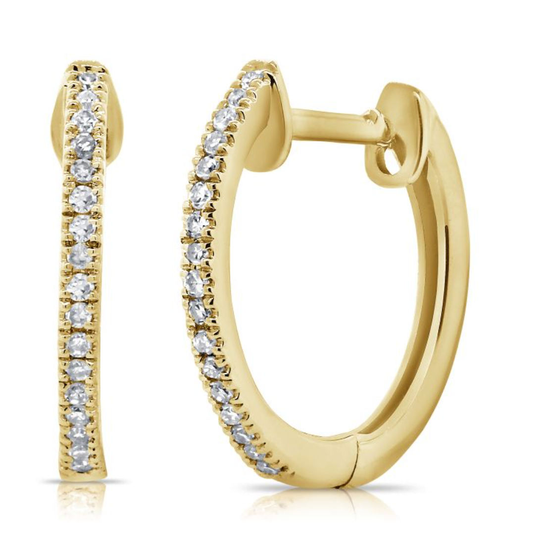 Pillow Talk Petite Diamond Huggies in yellow gold with secure clasp, shown from front and side views