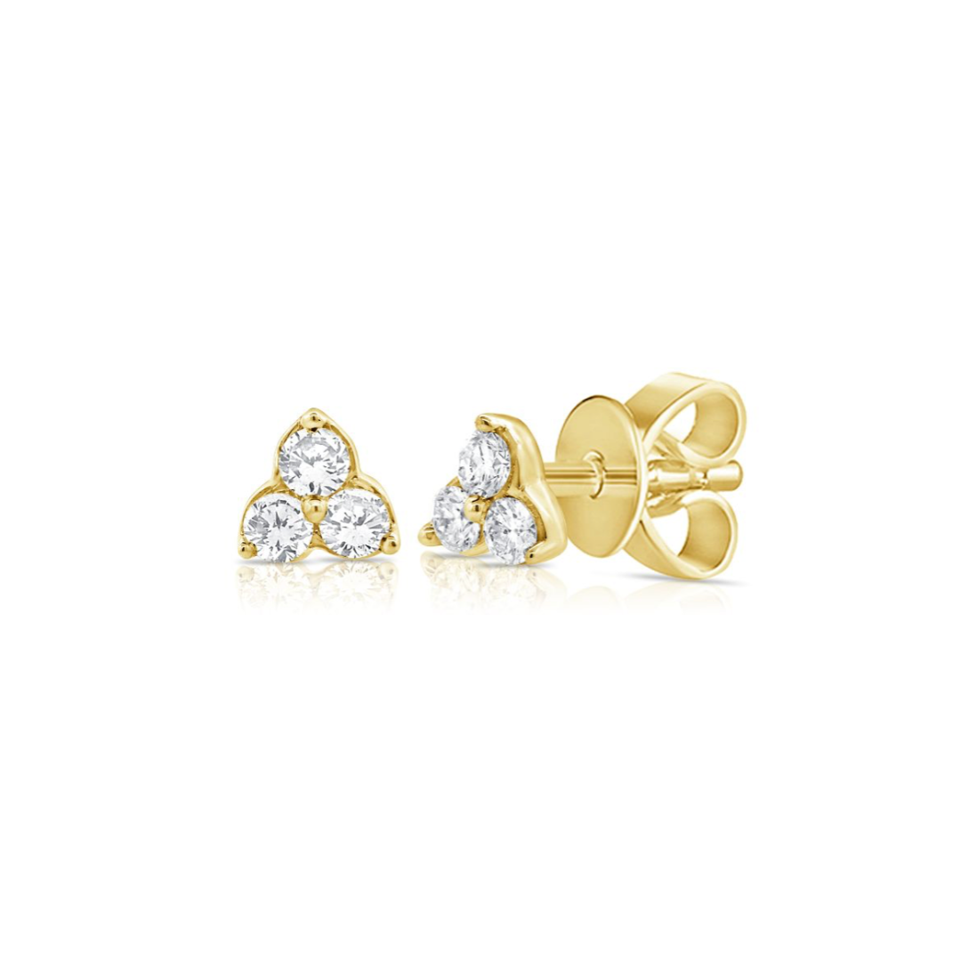 Politely Petite Trio Stud Earrings in yellow gold, front and side product view showing minimalist diamond trio design