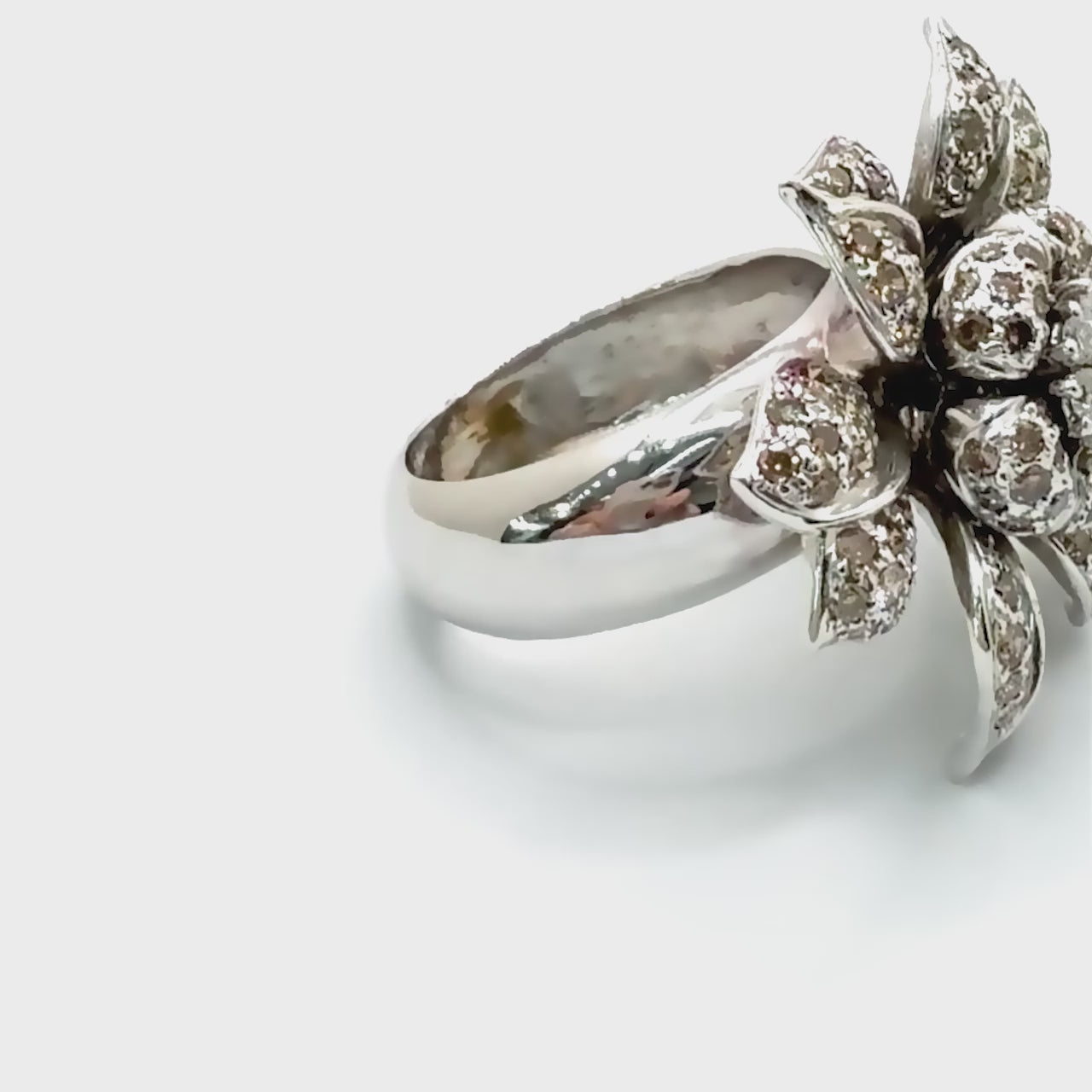 360-degree view of Full Bloom Art Deco floral diamond ring in white gold
