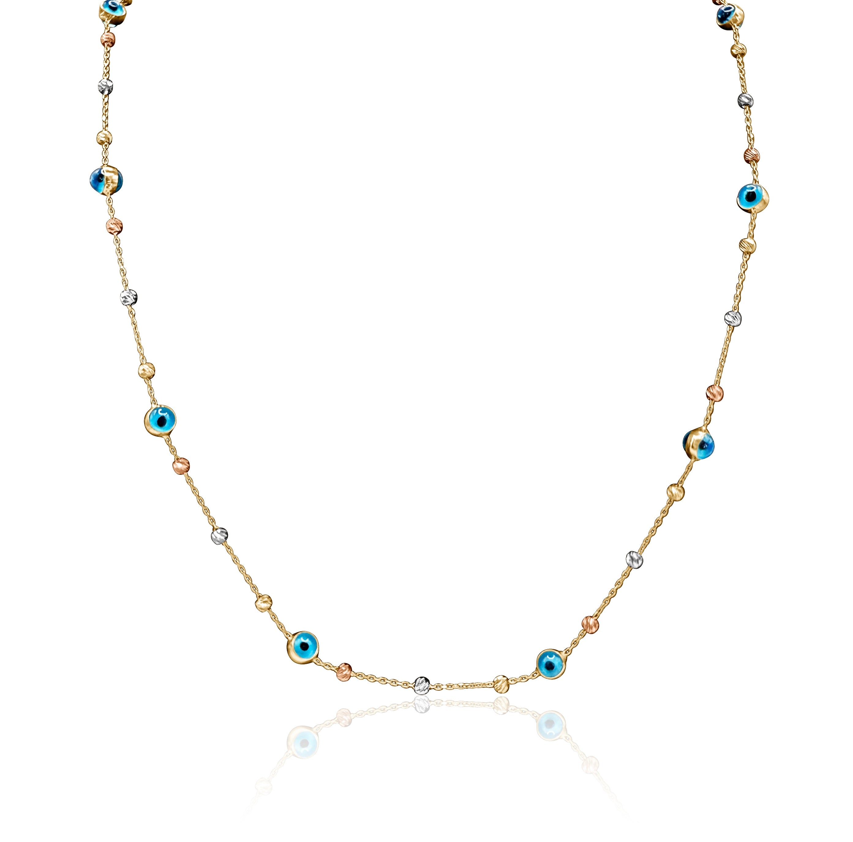 Safe & Protected Evil Eye 14k gold necklace with multicolored evil eye charms and beads displayed in a circular shape on white background.