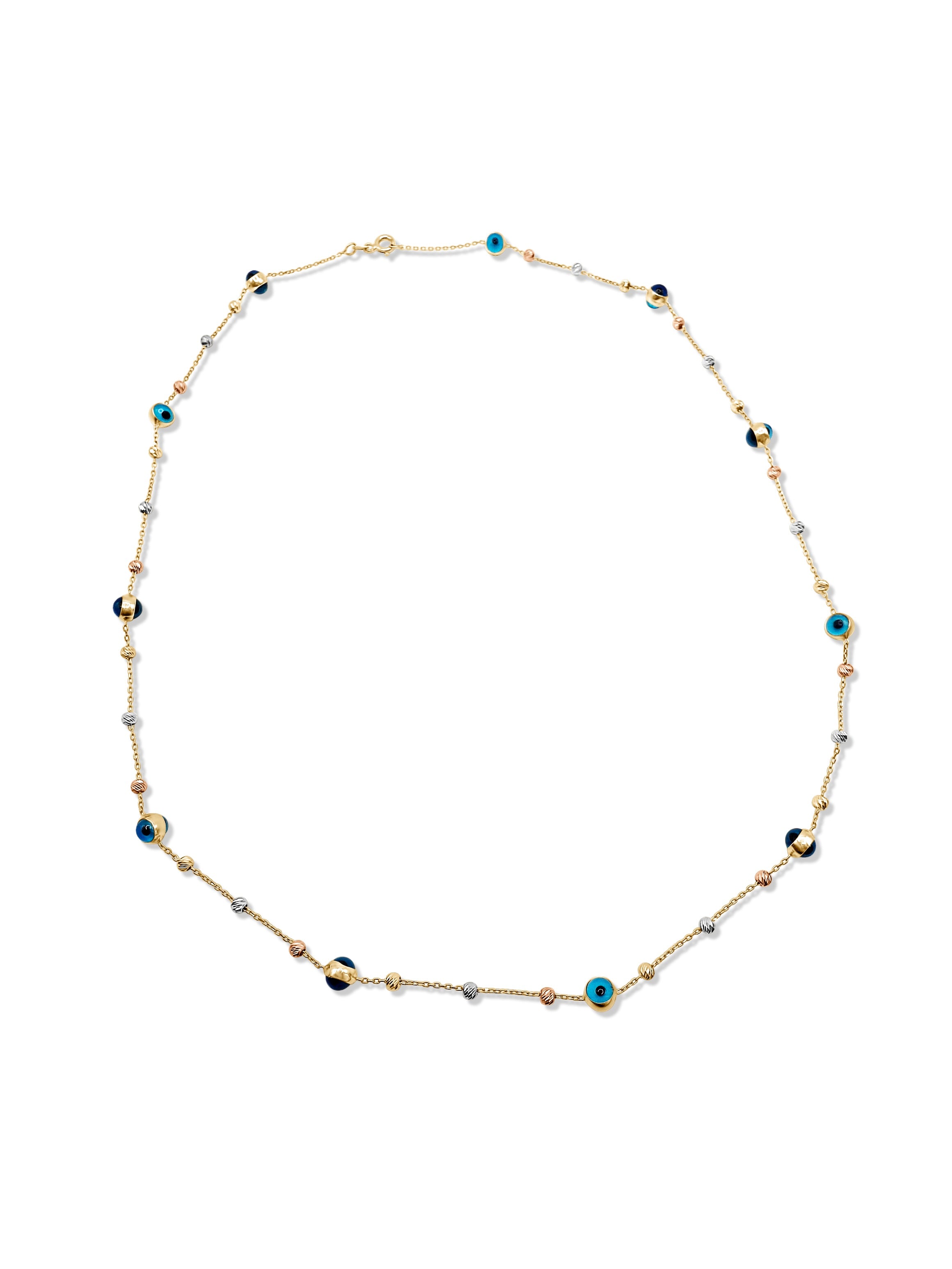 Close-up of Safe & Protected Evil Eye Necklace in 14k gold with vibrant evil eye charms and polished gold accents.