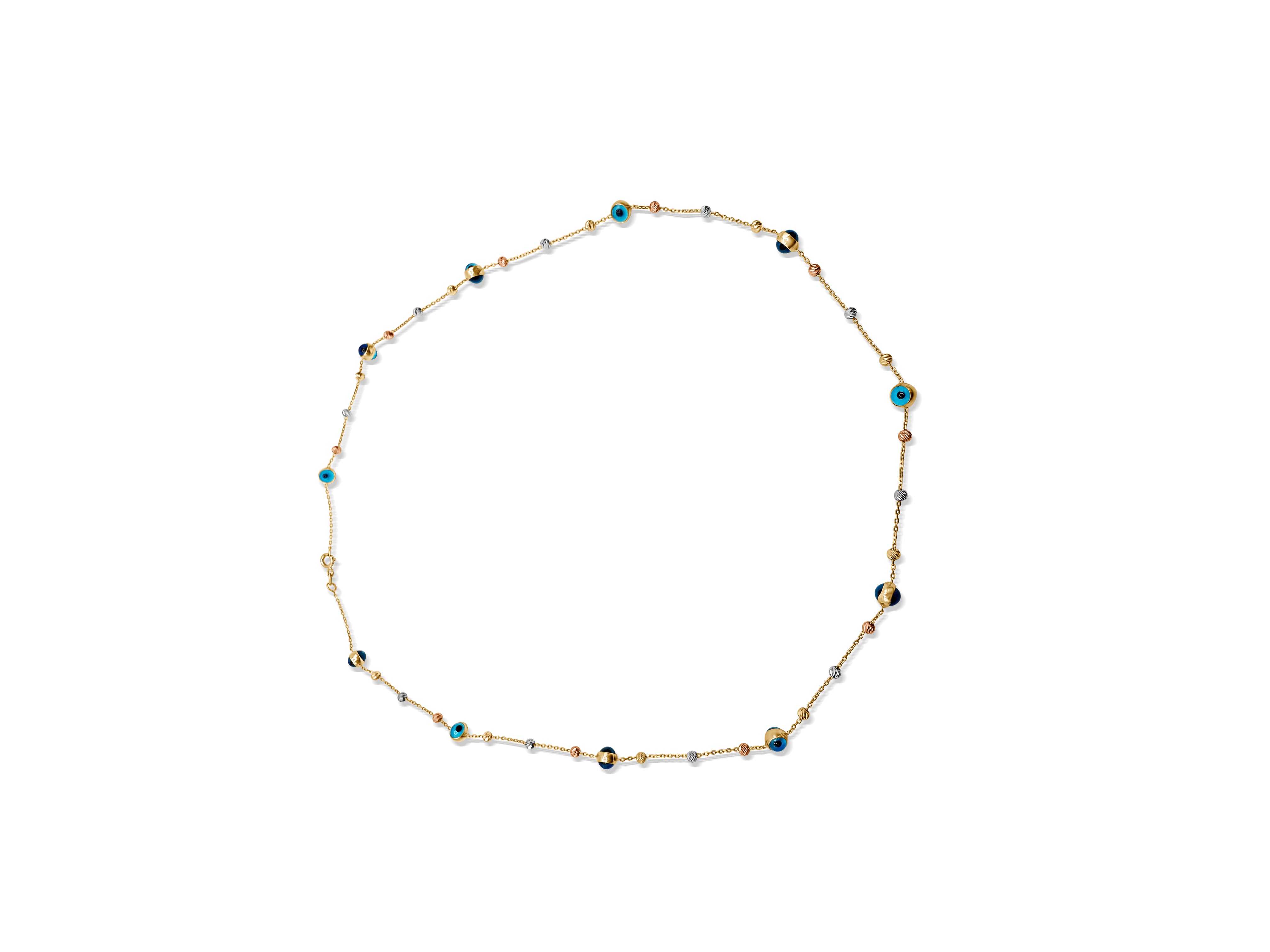 Safe & Protected Evil Eye Necklace 14k gold laying flat, showing the intricate evil eye and gold bead details.