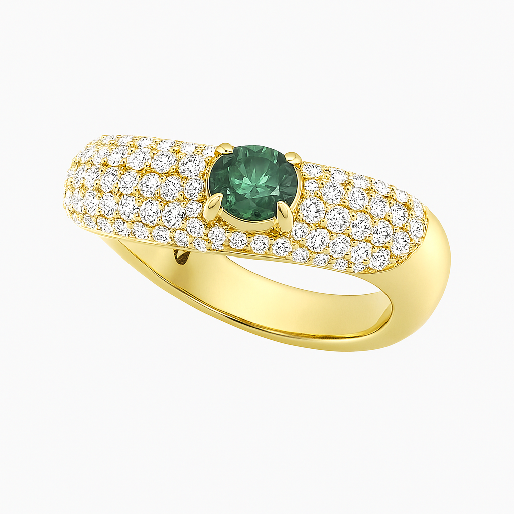 Side view of Secret Portal Ring in yellow gold with emerald center stone and diamond halo