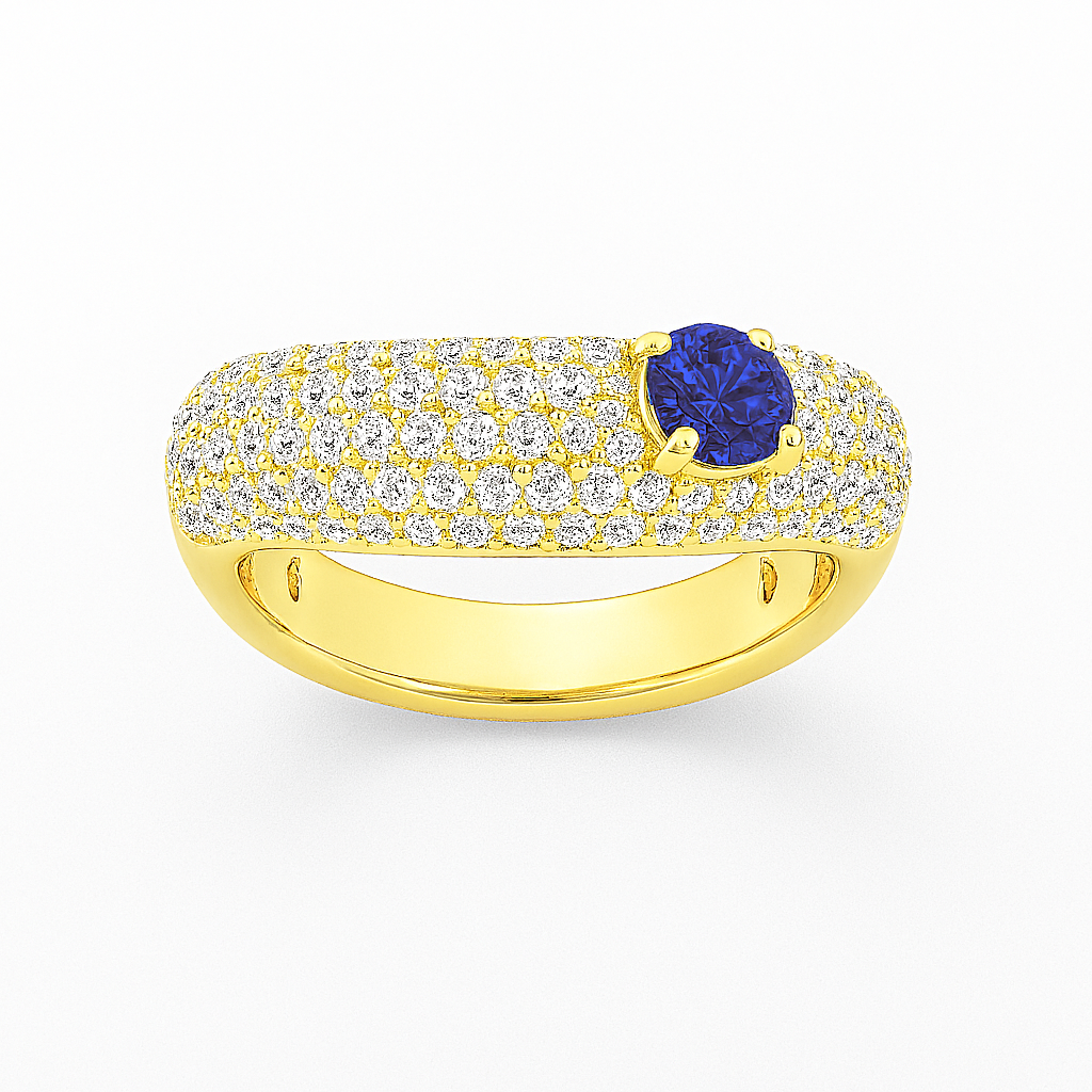 Secret Portal Ring in yellow gold with sapphire center and pavé diamond halo, front view