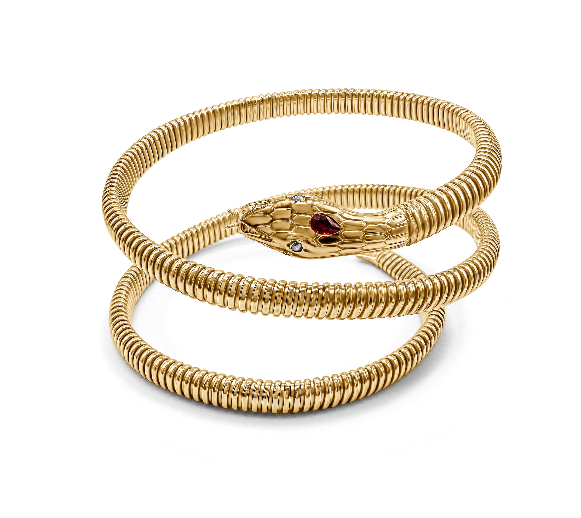 Detailed shot of snake head on gold wrap bangle with ruby center and diamond eyes, symbol of transformation and elegance