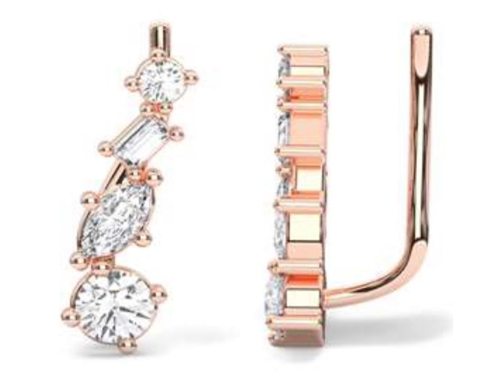 Social Climbers diamond ear climber earrings in rose gold, product view from front and side