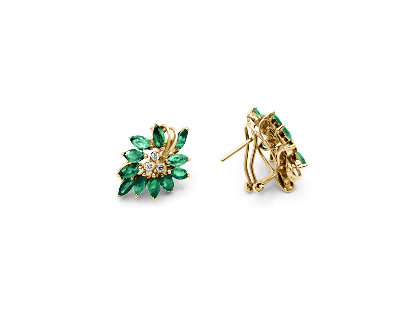 Tree Hugger emerald earrings in yellow gold, front and back product view