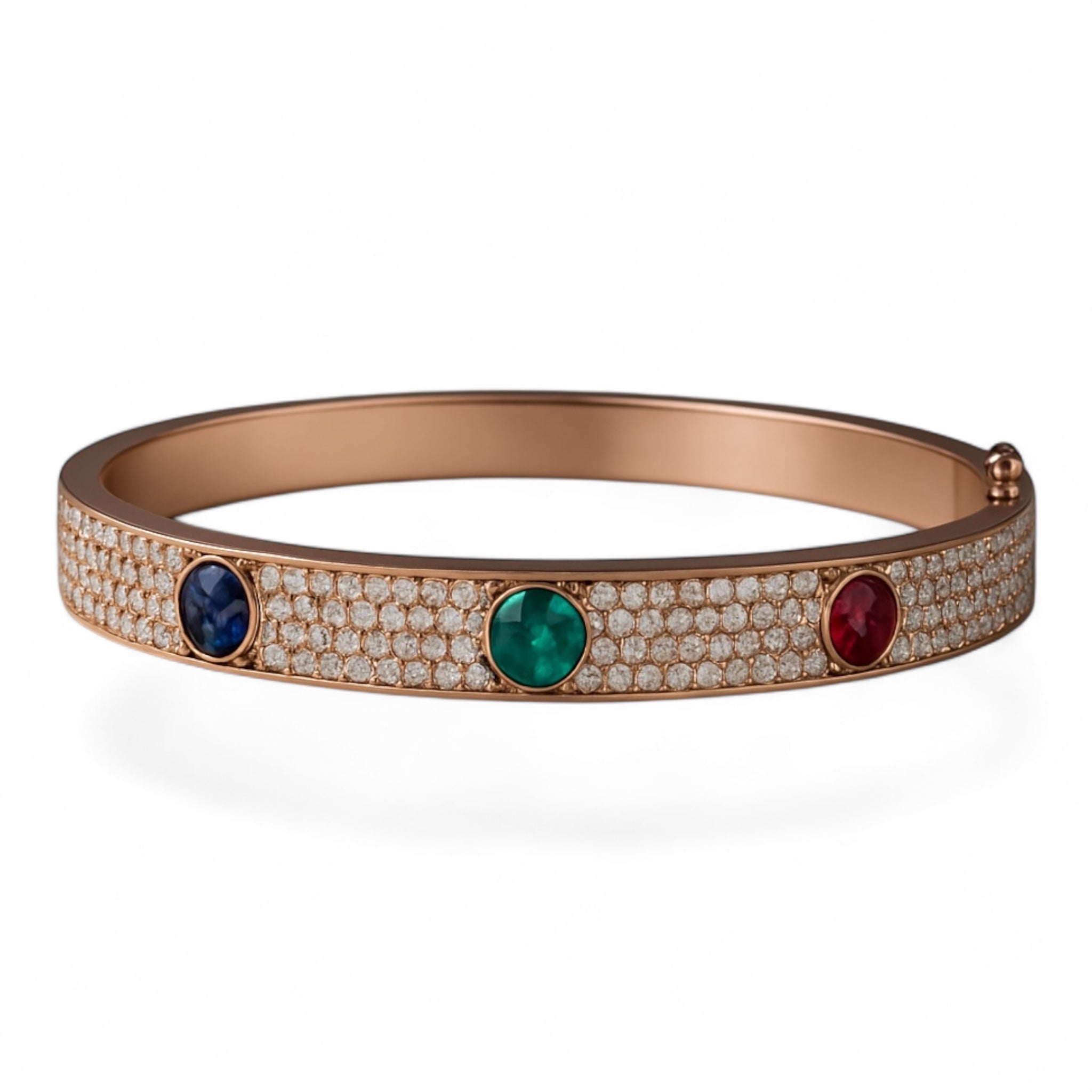 Front view of Triple Threat Pavé Bangle in 14k rose gold with three round multi colored stones and pavé detail