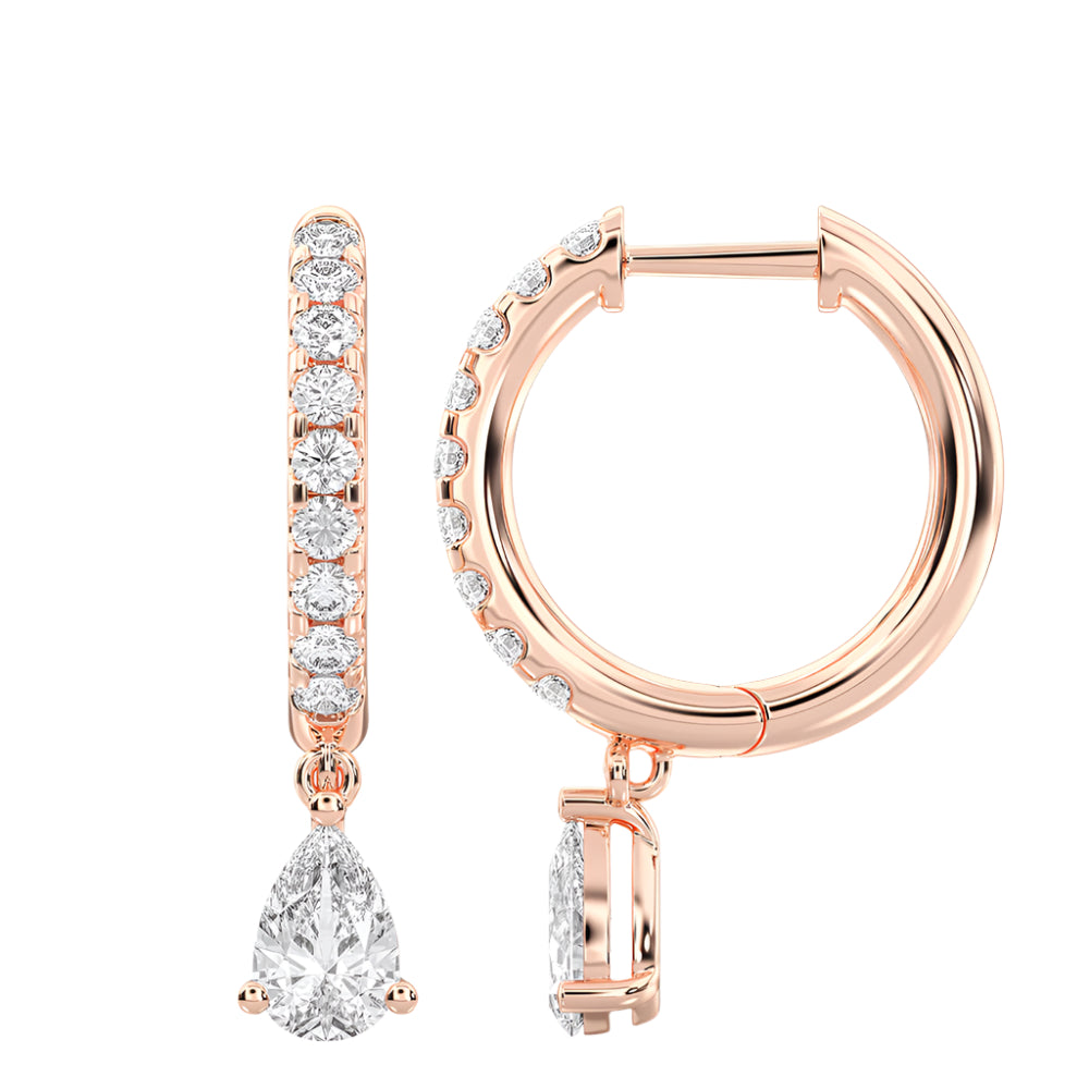 Product image of Unhinged Huggies in rose gold showing front and side views with pavé diamonds and pear-shaped drop